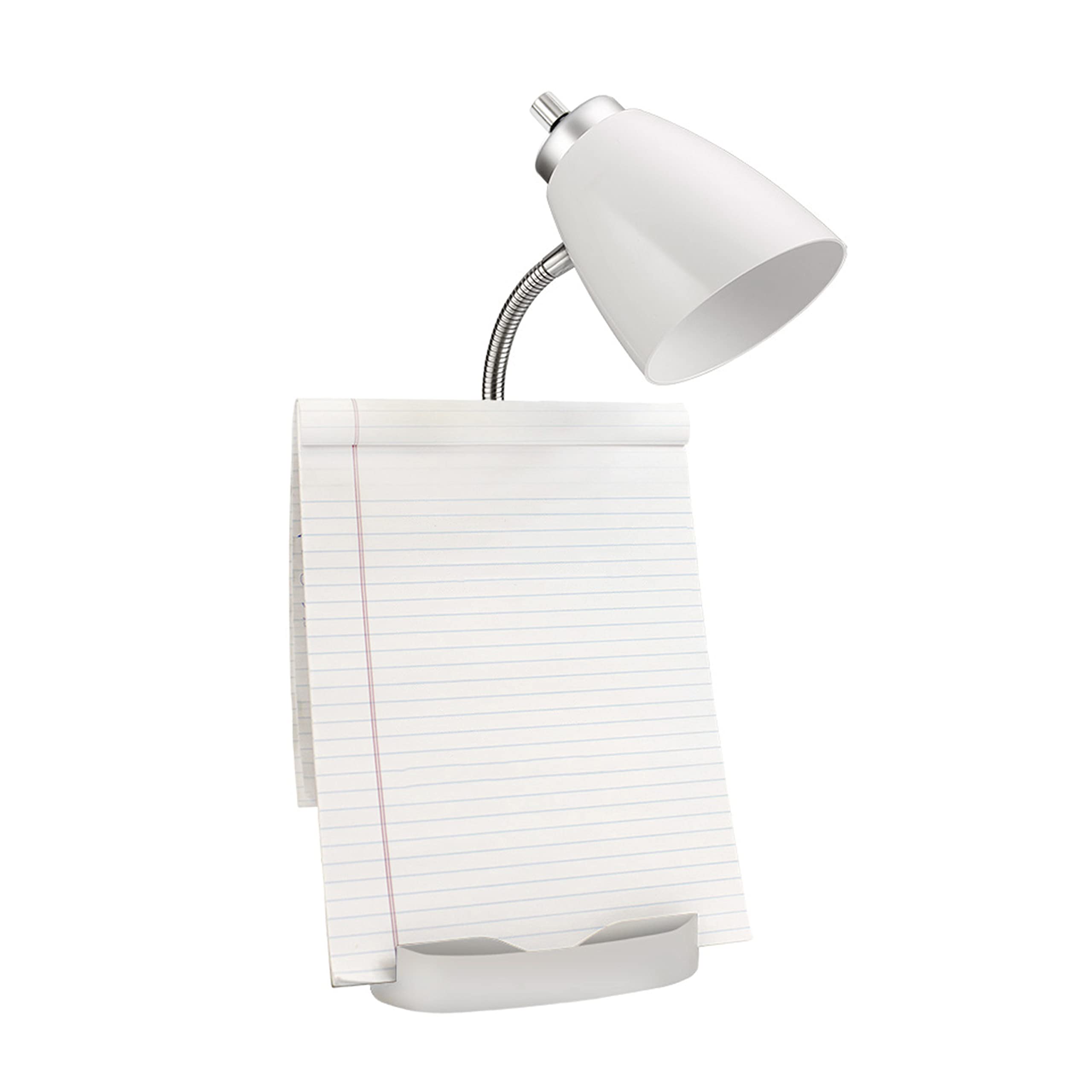 Simple Designs LD1056-WHT Adjustable Gooseneck Desk Lamp with iPad/Tablet Stand, Book Holder & USB Charging Port - White | Perfect for Reading, Studying, Office Work & Nightstand Use