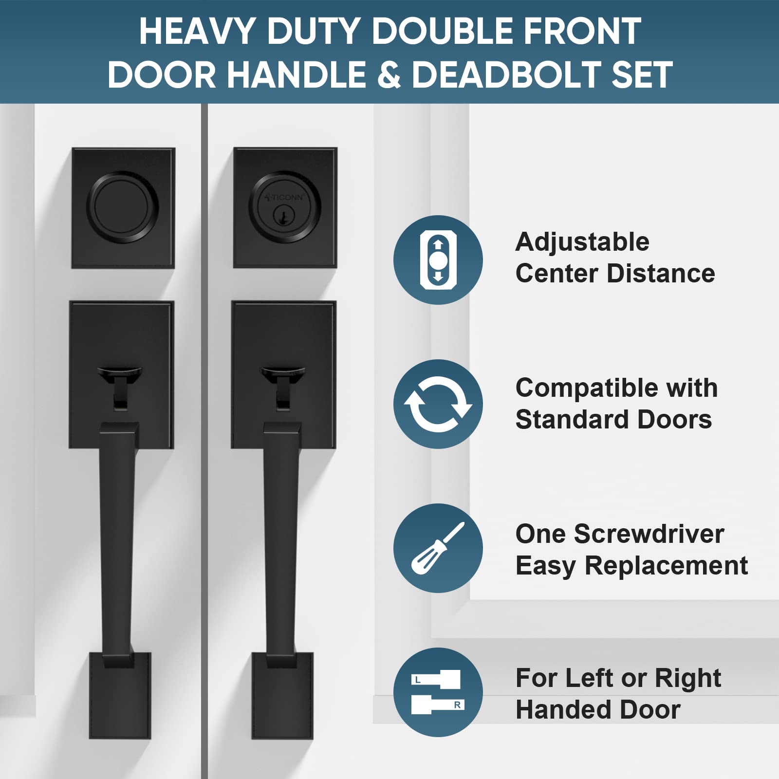 TICONN Heavy Duty Double Front Door Handle Set with Square Lever & Single Cylinder Deadbolt - Matte Black Finish for Side by Side Exterior Doors | Secure Entryway for Homes, Offices & Commercial Buildings