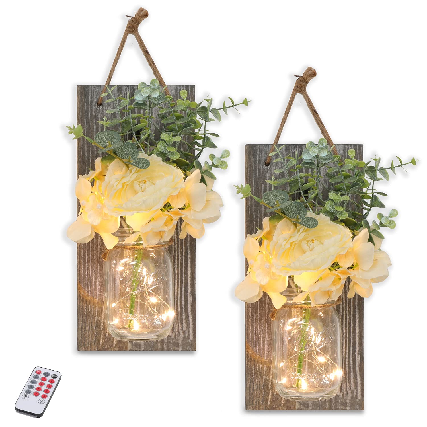 Farmhouse Mason Jar Wall Sconces with Remote Control - Set of 2 Grey LED Light Fixtures with 6-Hour Timer & Silk Hydrangea Flowers for Shabby Chic Home Decor - Perfect for Living Room, Kitchen, Bedroom, and Bathroom Lighting