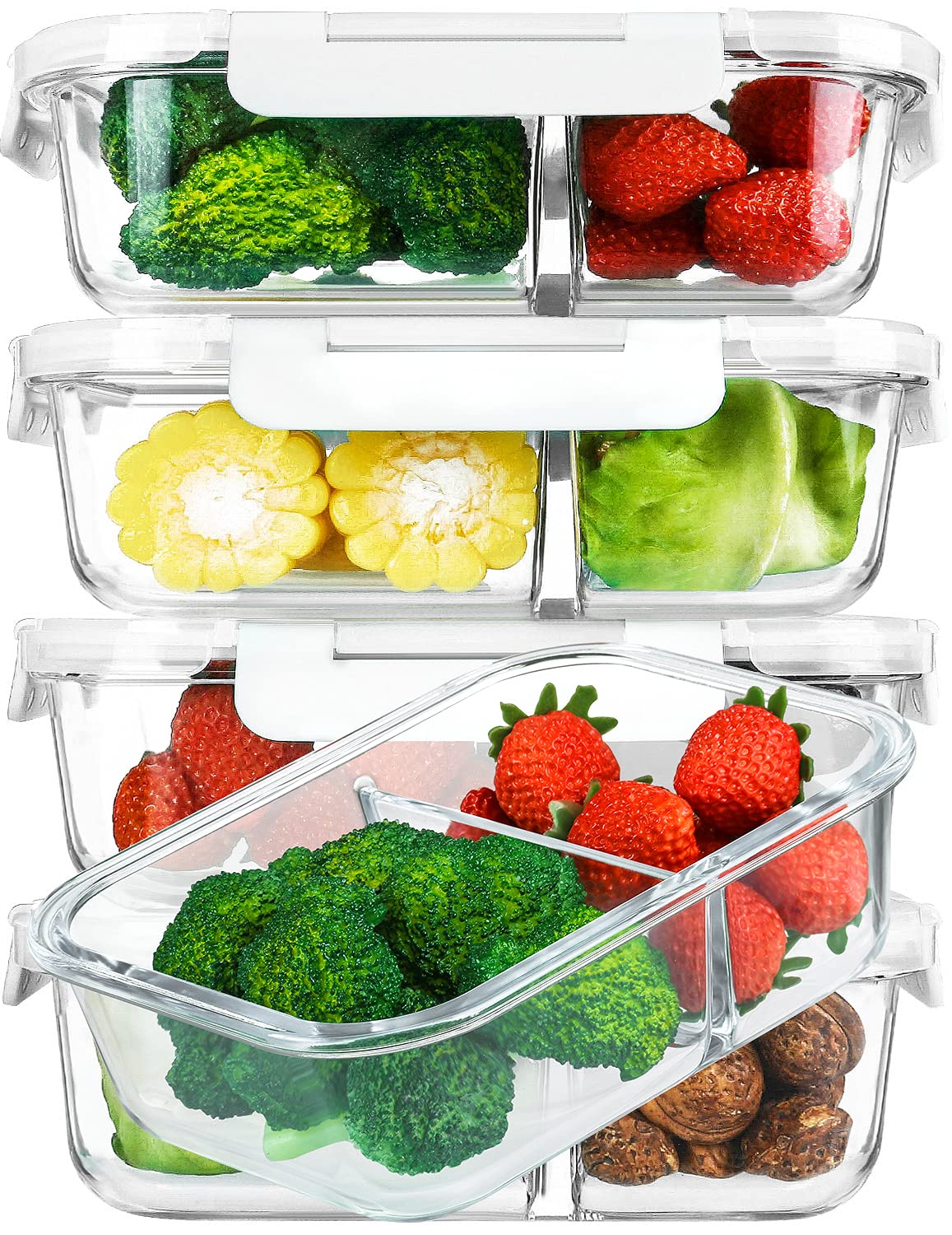 5-Pack 36 Oz Glass Meal Prep Containers with 2 Compartments & Snap Locking Lids - BPA-Free Food Storage Containers for Portion Control - Microwave, Oven, Freezer & Dishwasher Safe (4.5 Cups, White) - Perfect for Meal Prepping, Leftovers & Healthy Eating