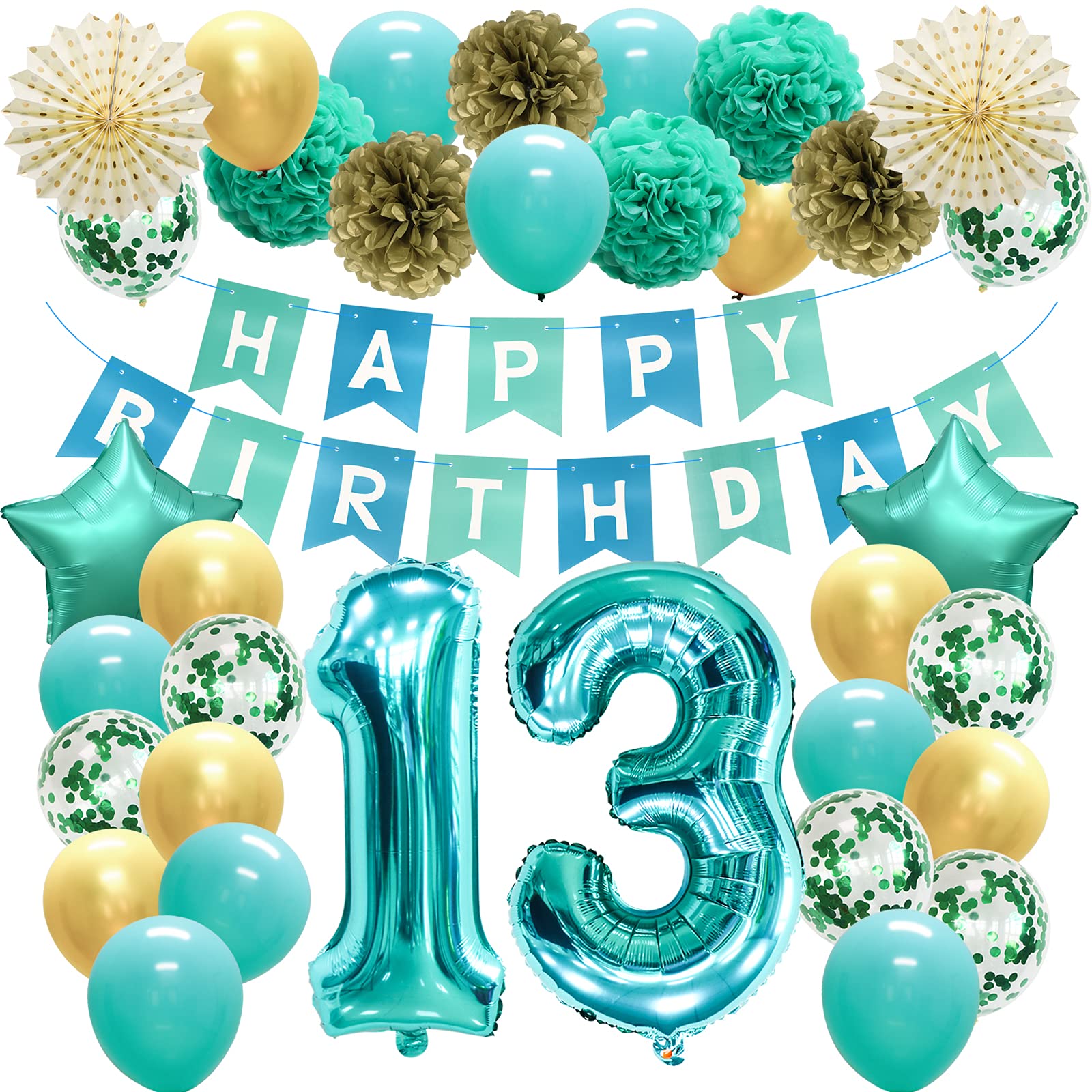 MEIWUTIE 13th Birthday Party Decorations for Girls - Teal, Gold & Tiffany Blue Under the Sea Theme with Mint Green Number 13 Foil Balloons & Happy Birthday Banner - Perfect for Teen Birthday Parties, Ocean-Themed Celebrations & Sweet 16 Decor