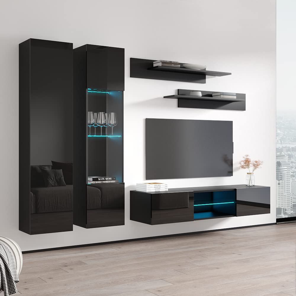 Modern Floating TV Stand with Storage & LED Lights - Wall-Mounted Entertainment Center Console for Bedroom & Living Room - Meble Furniture Fly A5 33