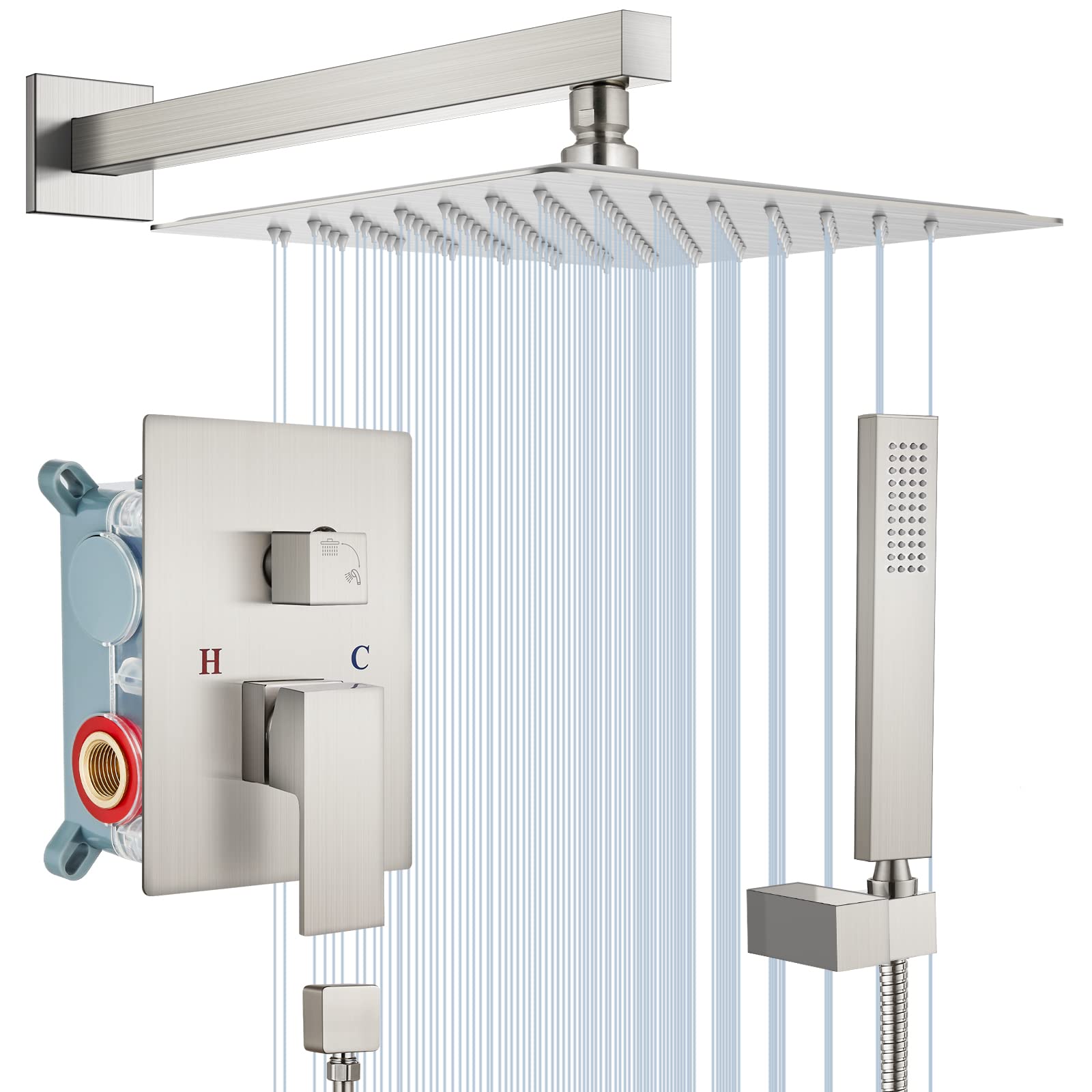 Midanya Brushed Nickel Bathroom Rain Shower System - 10 Inch Square Rainfall Shower Head with Handheld Sprayer, Wall Mount Shower Faucet Set, High Pressure Shower Fixture (Valve & Trim Included) - Perfect for Modern Bathroom Renovation & Spa-Like Shower Experience