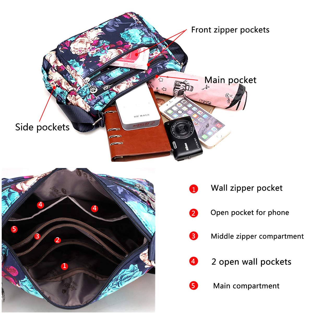 Stylish Nylon Floral Crossbody Bag for Women - Multi-Pocket Travel Shoulder Purse with Secure Zipper Closure | Perfect for Daily Commute, Shopping & Vacation Outfits