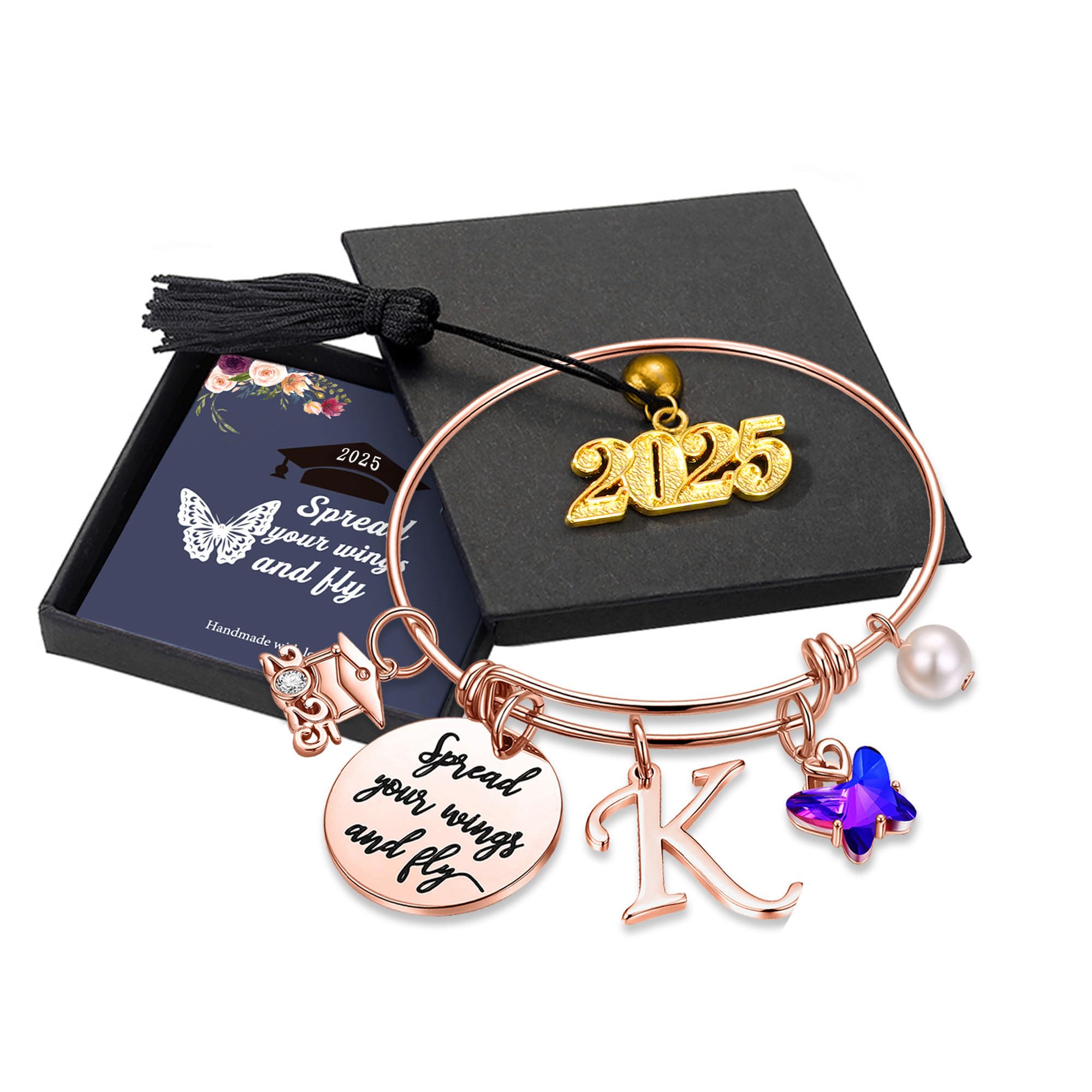 2025 Graduation Gifts for Women - Personalized Butterfly Initial Bracelet with Inspirational 'Spread Your Wings & Fly' Quote, Elegant Bangle Jewelry for Her | Perfect High School & College Graduate Gift, Birthday Present & Motivational Accessory