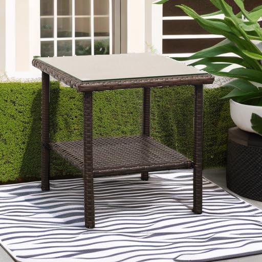 Outdoor PE Wicker Side Table - Rattan Patio Coffee Table with Glass Top, 2-Tier Square End Table for Garden, Balcony & Poolside - Mix Brown Furniture for Outdoor Relaxation & Entertaining