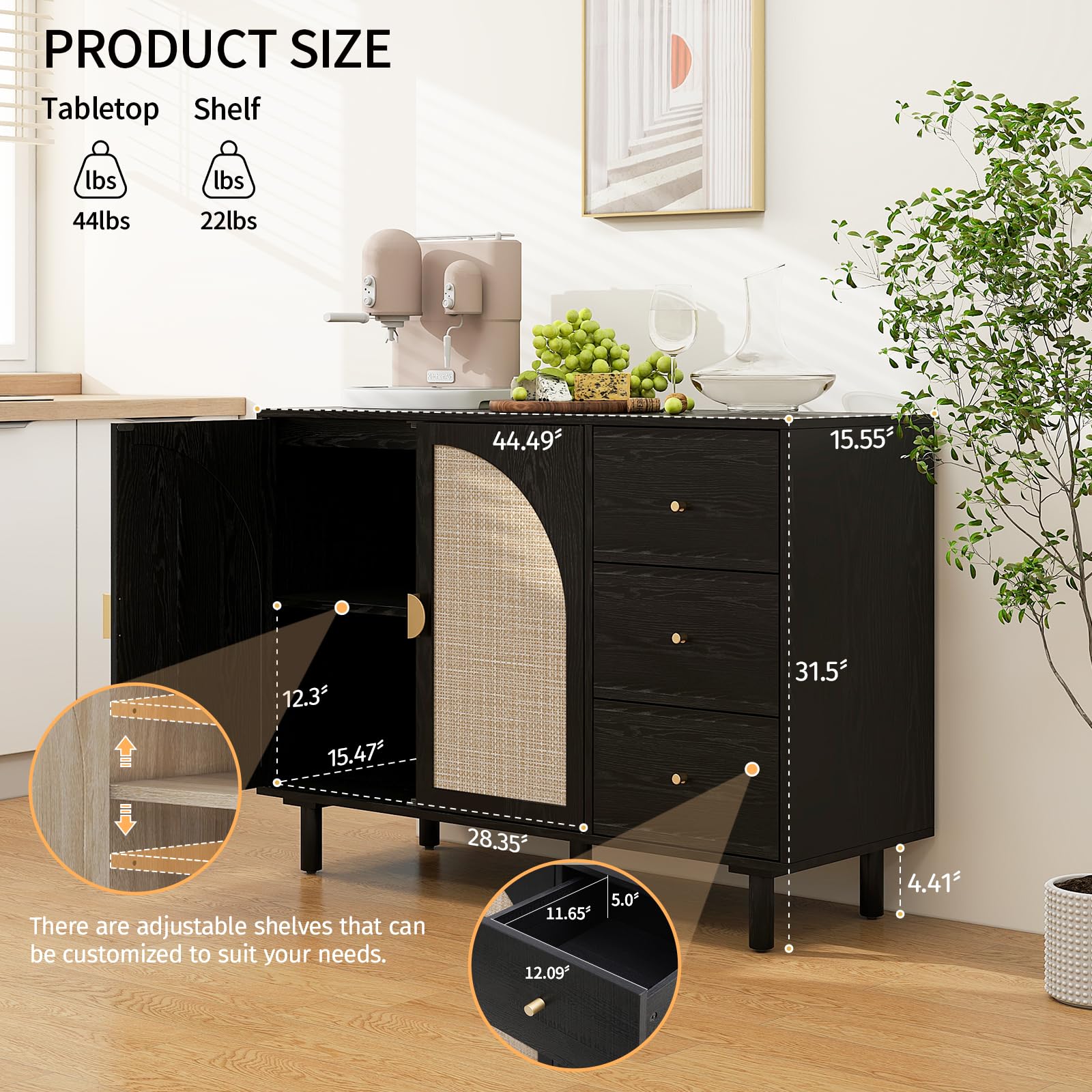 Modern Rattan Sideboard Buffet Cabinet with 2 Doors & 3 Drawers - Adjustable Shelves Storage Console for Living Room, Kitchen, Dining Room - Boho Chic Home Decor Accent Furniture (Black) | Perfect for Entertaining, Displaying Decor & Organizing Dishes