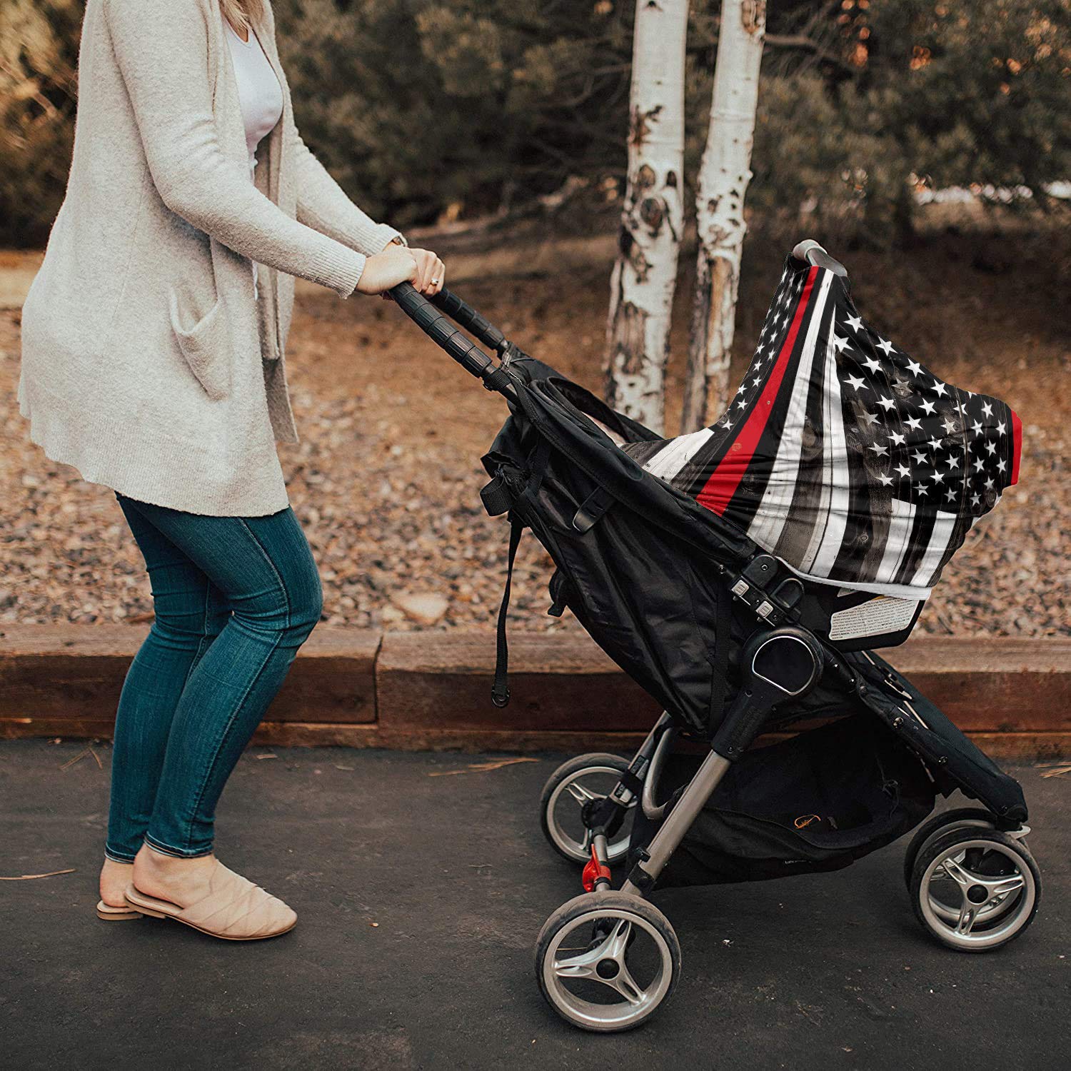 Breastfeeding Nursing Cover - Multi-Use Baby Car Seat Canopy with USA Flag & Thin Red Line Firefighter Design - Stretchy, Breathable Scarf Shawl for Strollers, High Chairs & Shopping Carts - Perfect for Boys & Girls - Ideal for Outdoor Nursing, Shopping & Travel