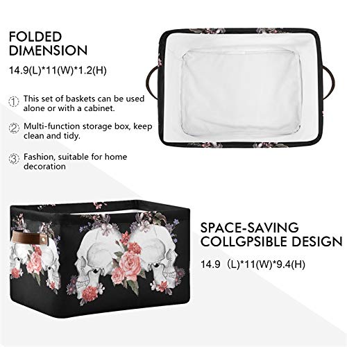 AUUXVA Floral Rose Sugar Skull Halloween Foldable Storage Basket - Large Collapsible Organizer Bin with Handles for Toys, Bathroom, Nursery & Closet (1 Pack) | Perfect for Seasonal Decor, Kids Room Organization & Home Storage Solutions