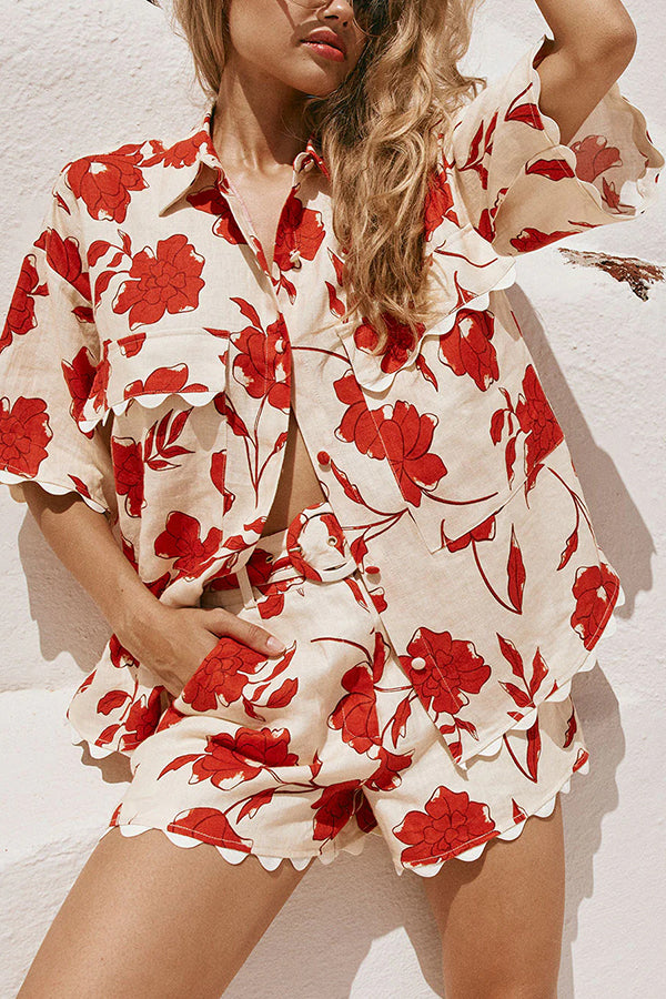 Ellora Linen Blend Floral Wave Trim Short Sleeve Shirt & Belt Pocketed Loose Shorts Set - Women's Casual Summer Outfit for Beach Vacation & Streetwear Fashion