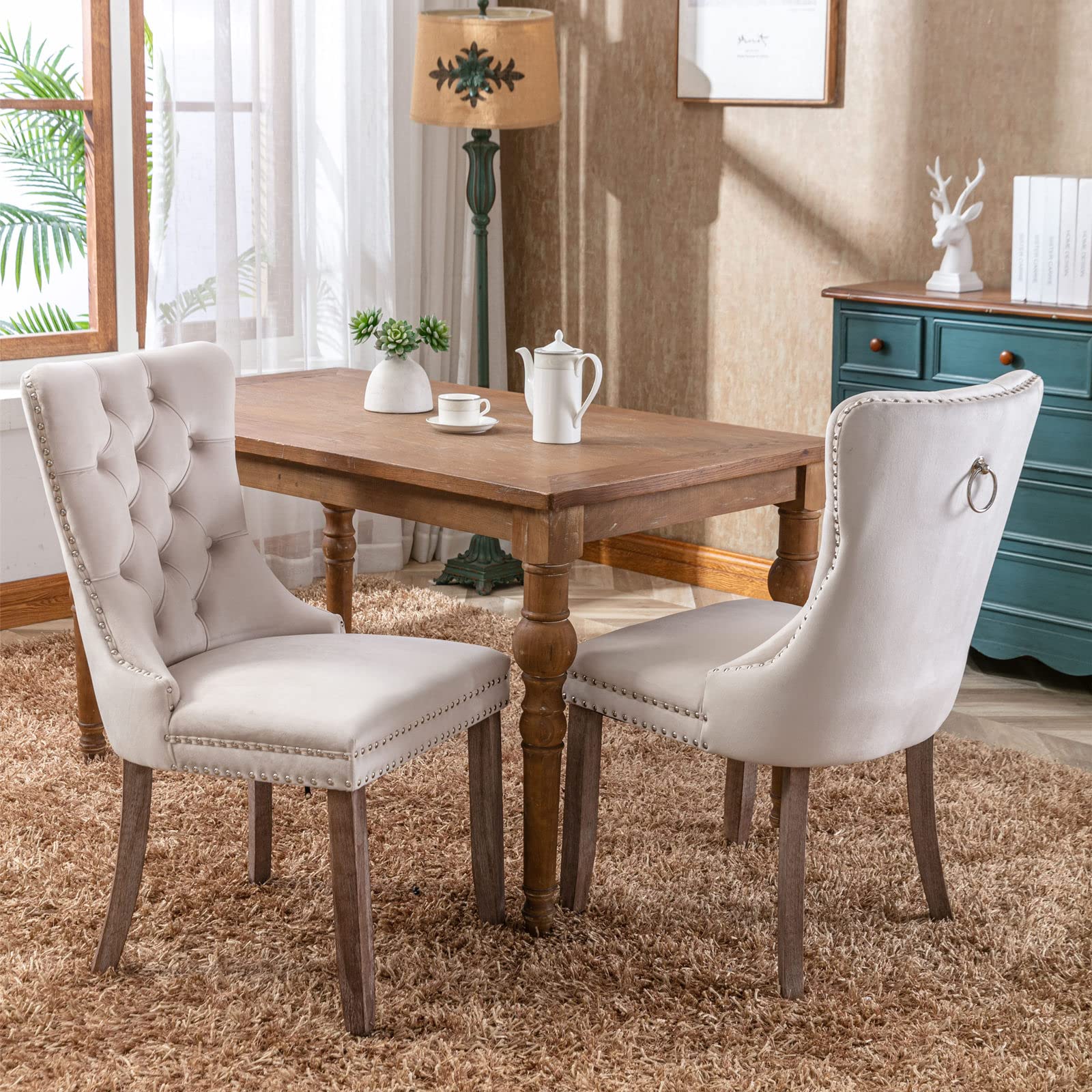 Goujxcy Set of 2 High Back Velvet Tufted Upholstered Dining Chairs with Solid Wood Frame & Nailhead Trim - Beige Accent Chairs for Living Room, Bedroom, Coffee Shop & Restaurant Dining