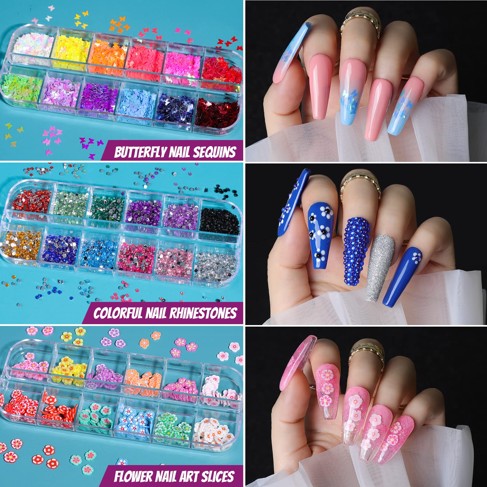 Teenitor Acrylic Fake Nails Kit - 24pcs Press On Nails with Nail Glue, Nail Tips, Nail Art Brushes, Rhinestones & Glitter for DIY Manicure | Perfect for Parties, Weddings, Salon & Home Use