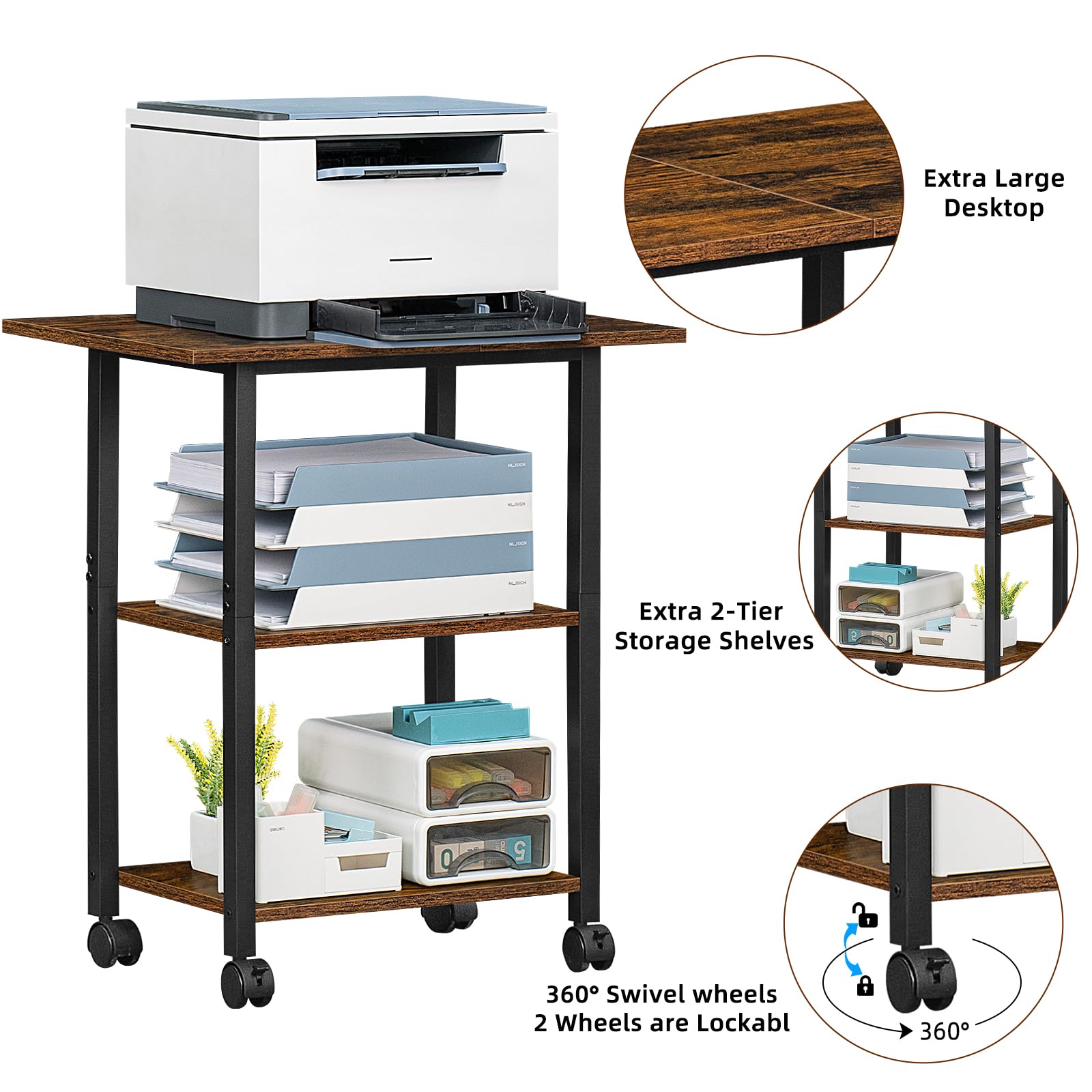 Lerliuo 3-Tier Mobile Printer Stand with Storage Shelf - Heavy Duty Steel Frame Rolling Cart with Lockable Wheels for Home Office Use - Perfect for Laser/Inkjet Printers, Scanners & Office Equipment Organization