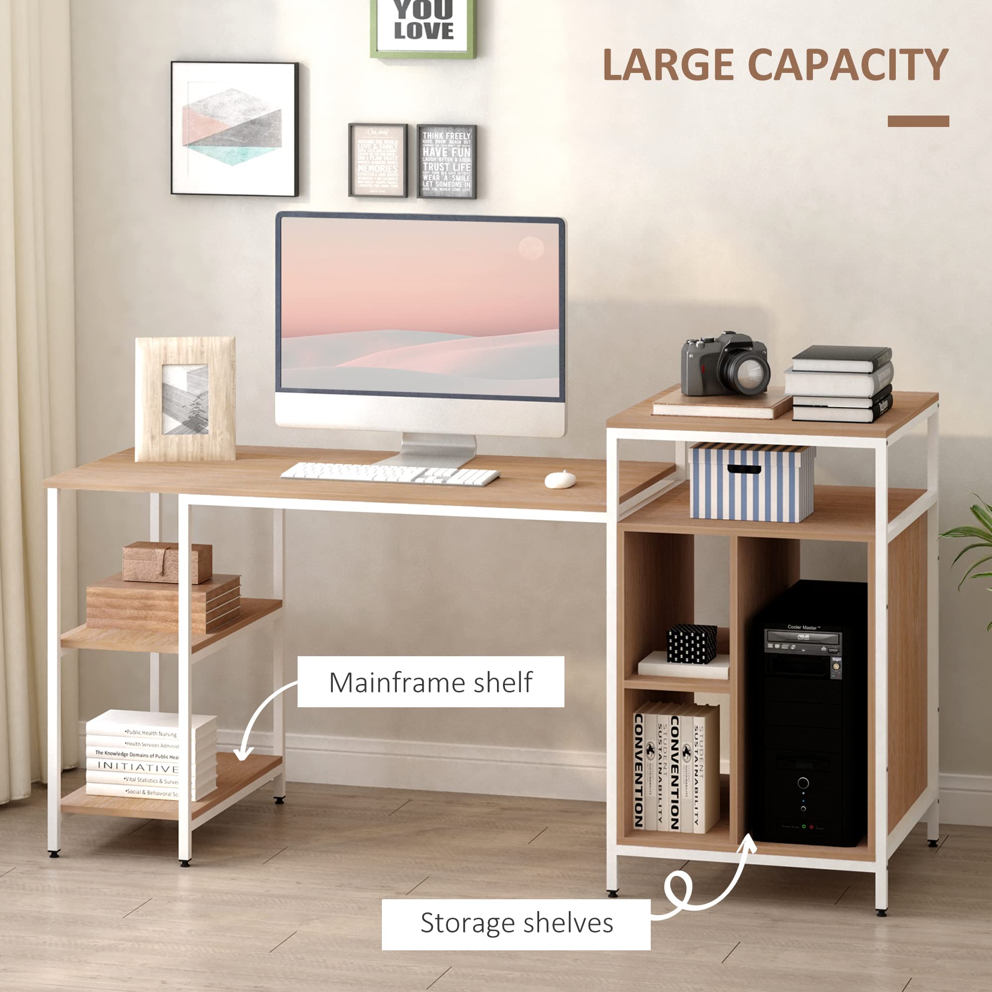 HOMCOM 68 Inch Office Computer Desk with Bookshelf & CPU Stand - Modern Woodgrain Design, Spacious Storage Shelves - Perfect for Home Office, Gaming & Study (Oak Finish)