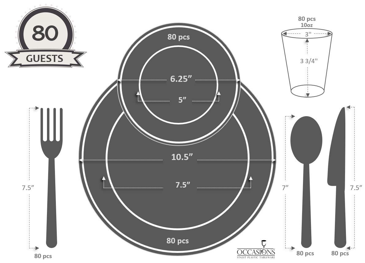 560-Piece Heavyweight Disposable Plastic Plate Set for Weddings & Parties - 80 x 10.5'' Dinner Plates, 80 x 6.25'' Dessert Plates, Silverware, Cups & Napkins - Elegant White & Silver Design - Perfect for Large Gatherings of 80 Guests
