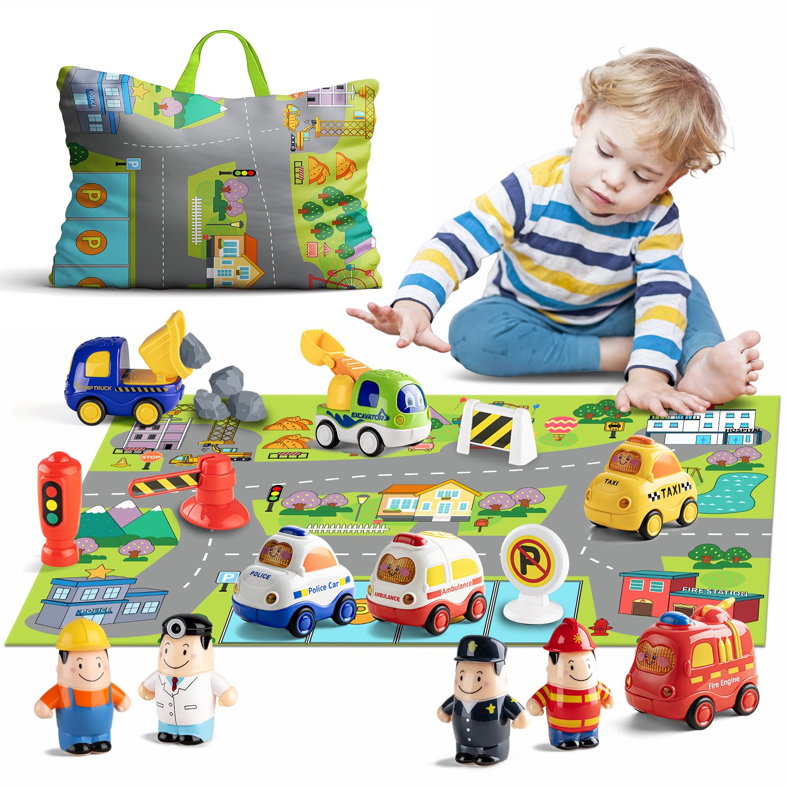 ALASOU 15-Piece Car and People Figure Toy Set with Playmat & Storage Bag - Montessori Learning Toys for Toddlers Ages 1-3 - Perfect Birthday Gift for 1-2 Year Old Boys | Great for Easter Basket Stuffers, Pretend Play, and Early Childhood Development