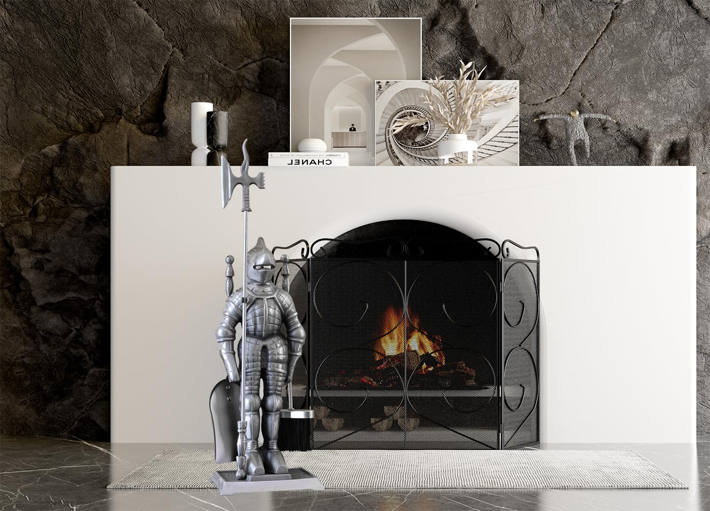 Medieval Knight Fireplace Tools Set - Heavy Duty Cast Iron Fireplace Accessories with Knights Templar & Teutonic Design - Silver Fireplace Decor for Rustic Home, Castle Theme, and Historical Interior Decoration
