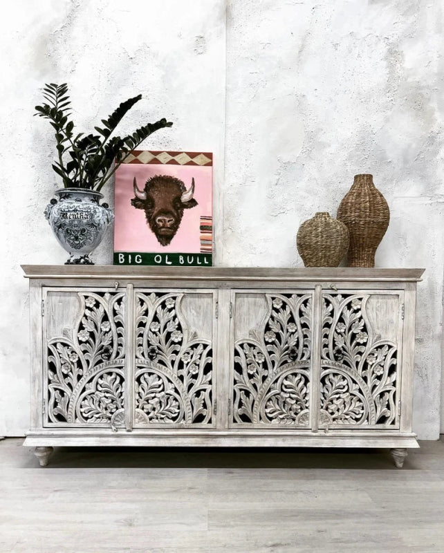 White Carved Solid Wood Sideboard Buffet Table with 4 Doors - Perfect for Dining Room Storage & Rustic Home Decor