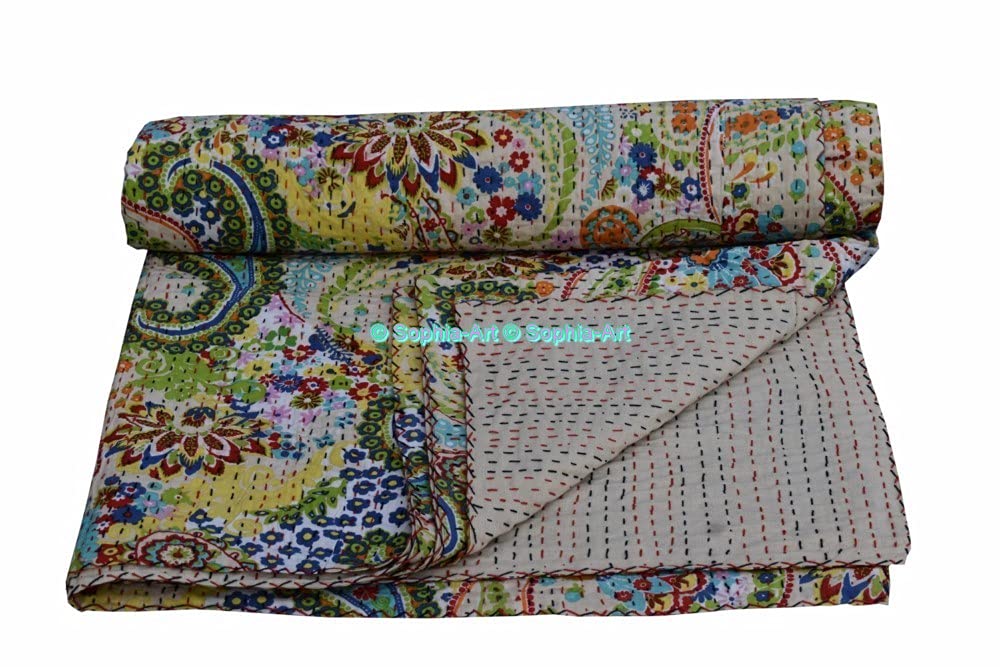Sophia-Art Handmade Indian Kantha Cotton Quilt - Paisley Print Bohemian Bedspread, Sofa Cover & Throw Blanket for Bedroom, Living Room & Outdoor Use