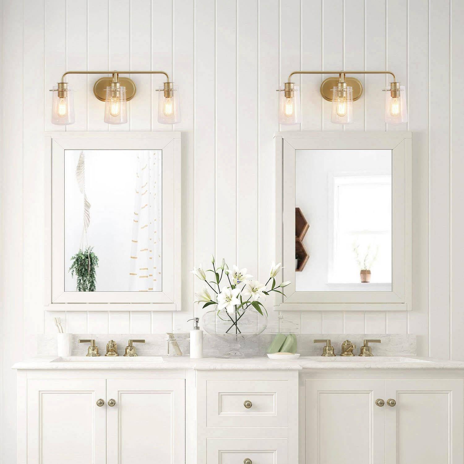 KSANA Gold Vanity Lights - 3-Light Modern Bathroom Light Fixture with Seeded Glass Shade for Elegant Bathroom & Dressing Room Lighting