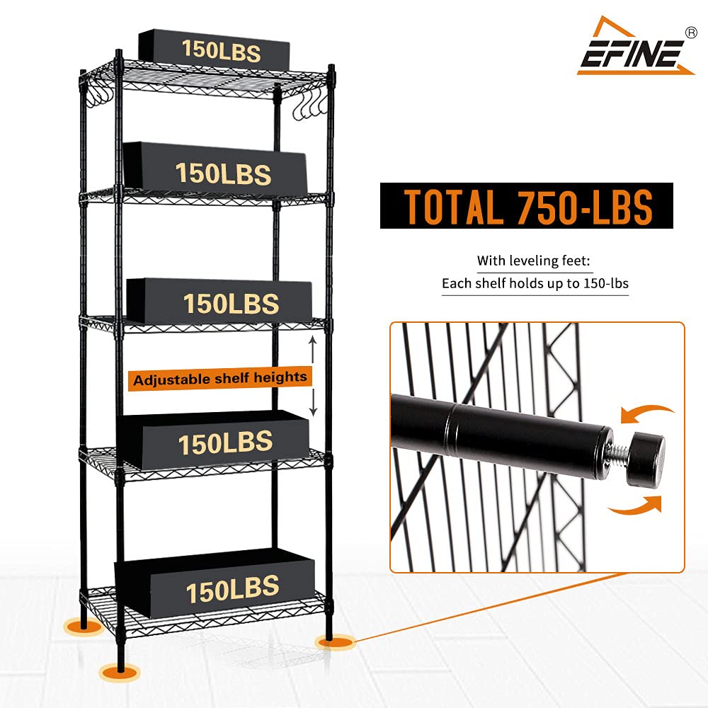 EFINE 2-Pack 5-Shelf Heavy Duty Steel Wire Shelving Unit with Adjustable Shelves, NSF Certified, 100lbs Capacity Per Shelf - Black (23.6
