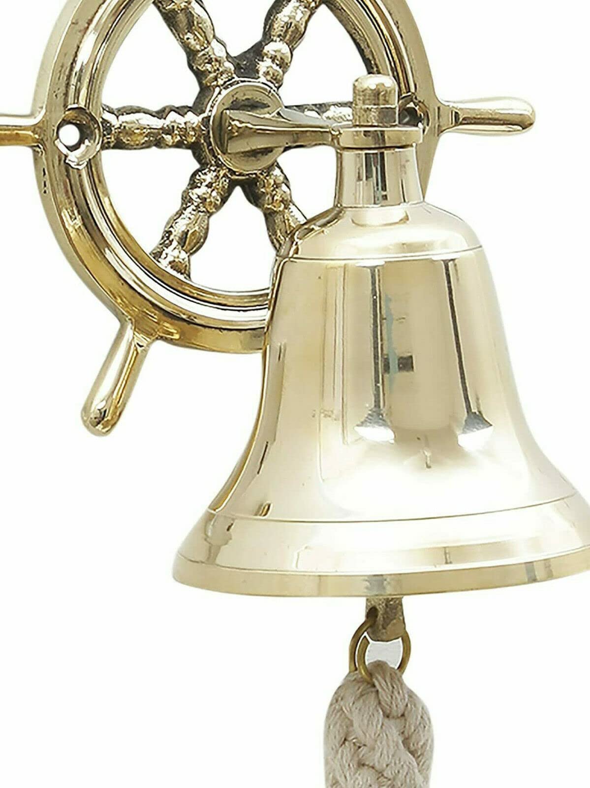 4 Inch Nautical Brass Door Hanging Bell with Ship Wheel Design - Wall Mounted Decorative Doorbell for Home & Garden - Perfect for Coastal, Beach House, and Marine Theme Decor