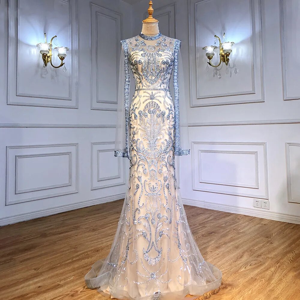 Serene Hill Luxury Grey Nude Mermaid Evening Dress with Cape - Elegant Beaded Gown for Women 2025 | Perfect for Prom, Wedding, and Red Carpet Events - LA71027