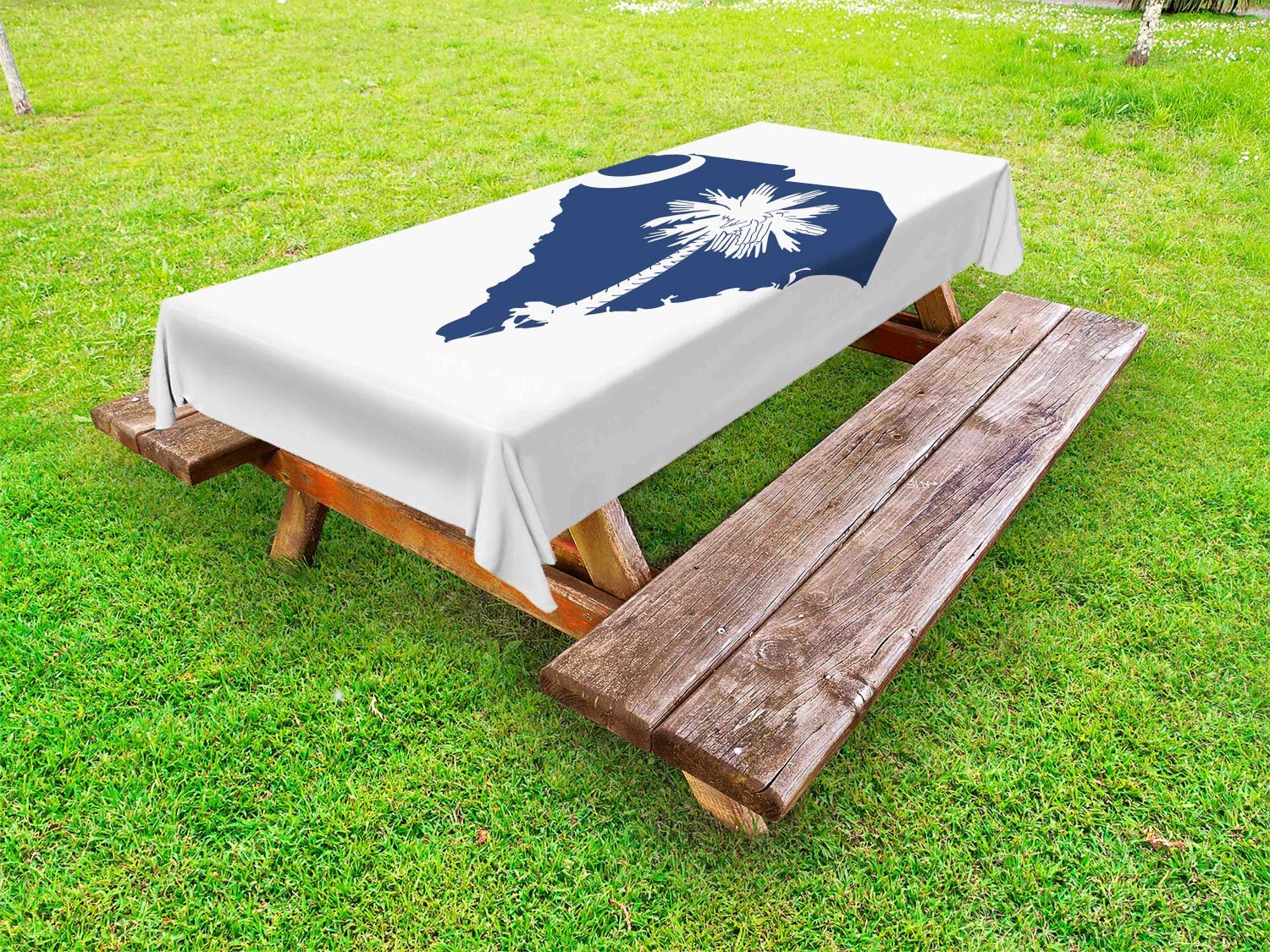 Lunarable South Carolina Outdoor Tablecloth - Palmetto State Flag & Map with Sabal Palm Tree & Crescent Design, Washable Picnic Table Cover 58x120 Inches in Cobalt Blue & White - Perfect for Backyard BBQs, Beach Parties & Outdoor Dining