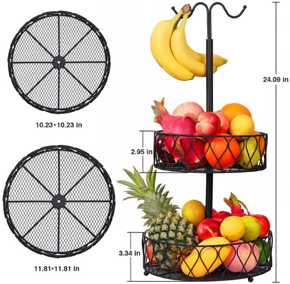 2 Tier Metal Wire Fruit Basket with Banana Hanger - Countertop Kitchen Organizer for Fruits & Vegetables - Detachable Storage Stand for Bananas, Apples, Oranges - Perfect for Kitchen Counter, Pantry, or Dining Table Display