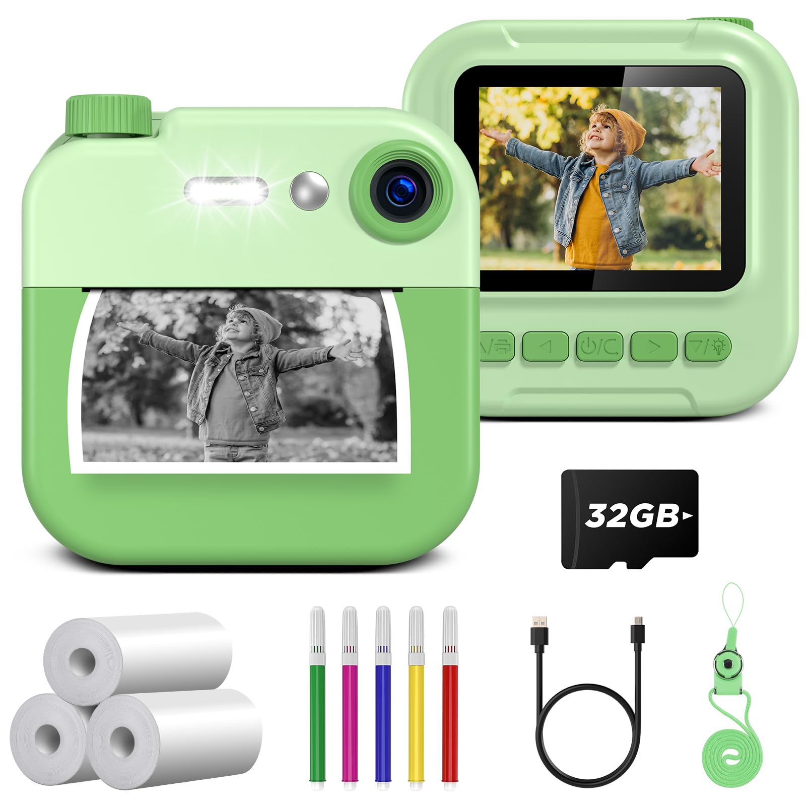 GREENKINDER 1080P HD 2.4 Inch Kids Instant Digital Camera with 32GB Memory Card, Print & Draw Kit - Best Birthday Gift for Boys & Girls Ages 3-12 - Perfect for Parties, Travel & Creative Learning