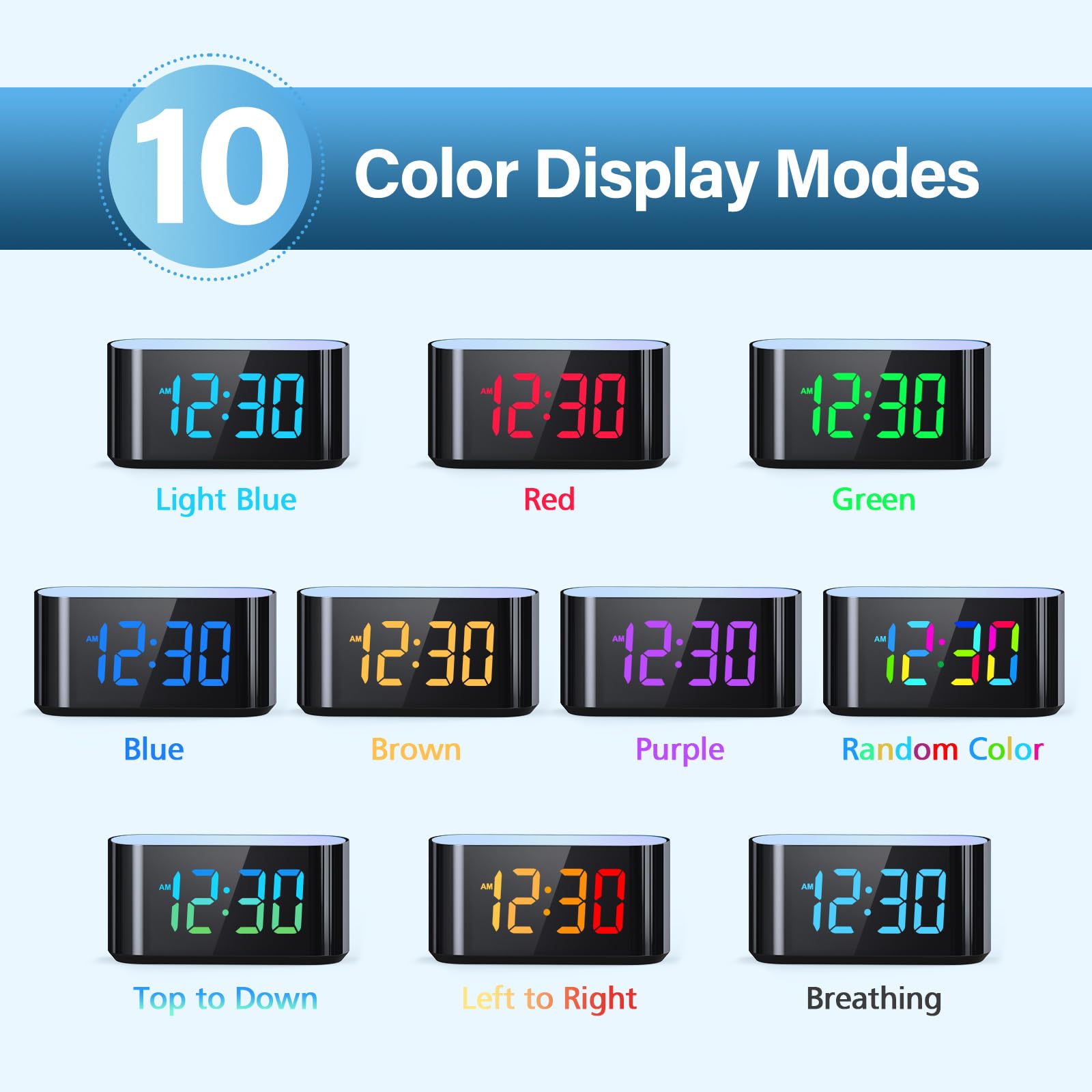 HOUSBAY Digital Alarm Clock with 9-Color Dynamic Night Light & Large LED Display - 10 Color Changing Modes, Adjustable Dimmer for Bedroom, Kids Room, Office, and Nightstand Use