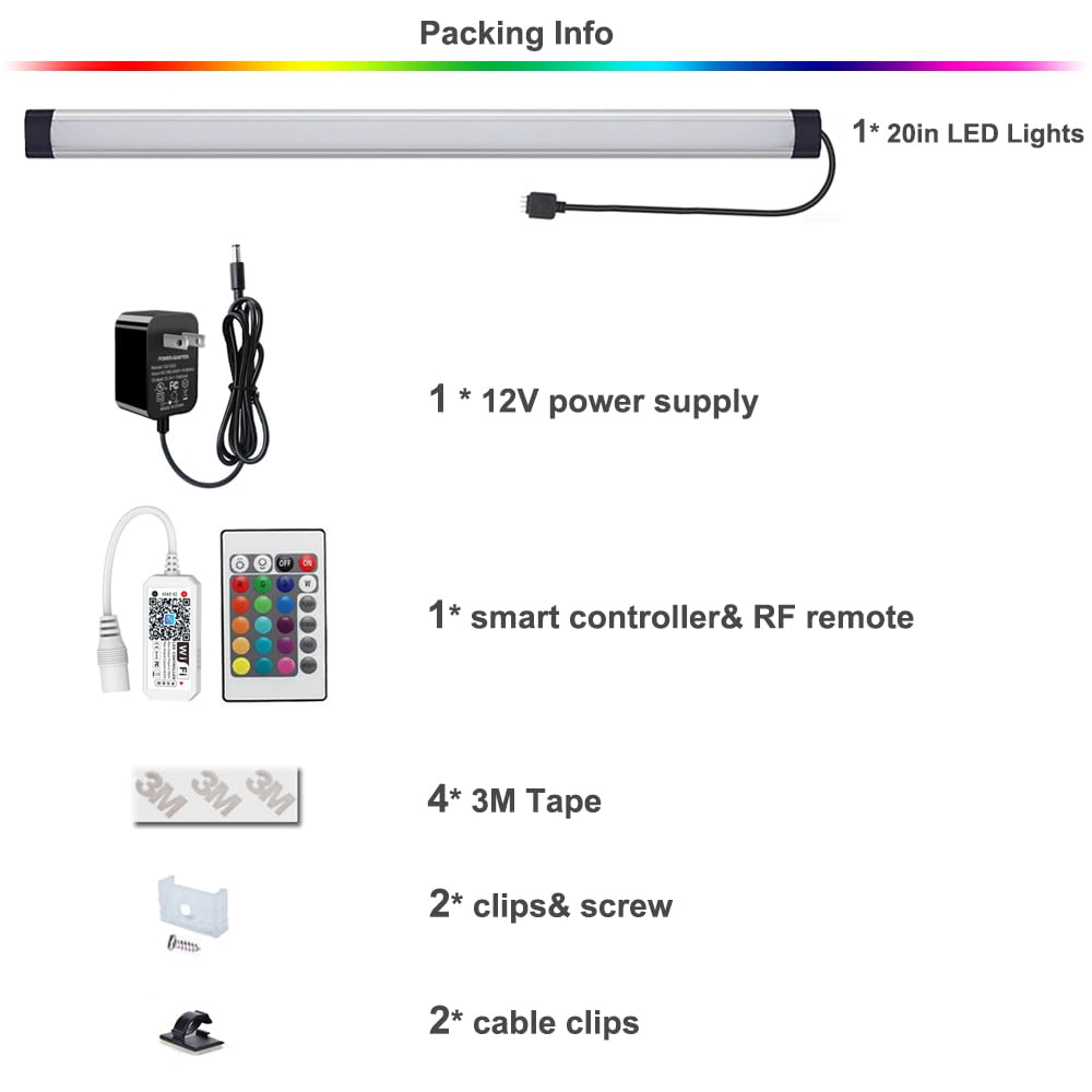 Dimmable Under Cabinet Lighting Kit - 20 Inch LED Light Bar with RF Remote & Alexa Control, Linkable RGB Smart Lights for Kitchen, Desk, Workbench, Shelf (1 Pack) - Perfect for Task Lighting and Ambient Decor
