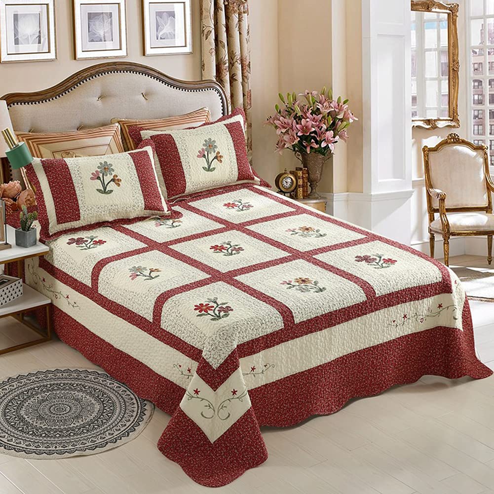 Reversible Cotton Quilt Set - 3 Piece Embroidered Floral Bedspread Coverlet with 2 Pillow Shams | Breathable Patchwork Design for All Seasons | Full/Queen Size in Red | Perfect for Bedroom Decor, Guest Room & Cozy Home Styling