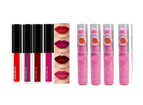 4-Piece Magic Lip Balm & 4 Red Lipsticks Set - Hydrating Lip Care & Vibrant Color Combo (8 Pcs Total) - Perfect for Daily Moisture & Evening Makeup Looks