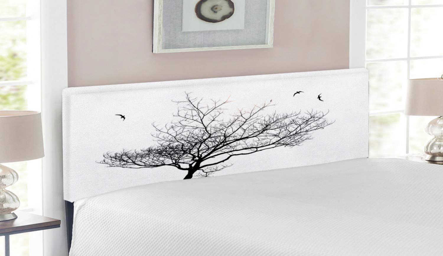 Ambesonne Black and White Queen Size Headboard - Minimalist Tree Silhouette with Flying Birds Design, Upholstered Decorative Metal Bed Frame with Memory Foam Support | Perfect for Modern Bedrooms, Guest Rooms & Apartment Decor