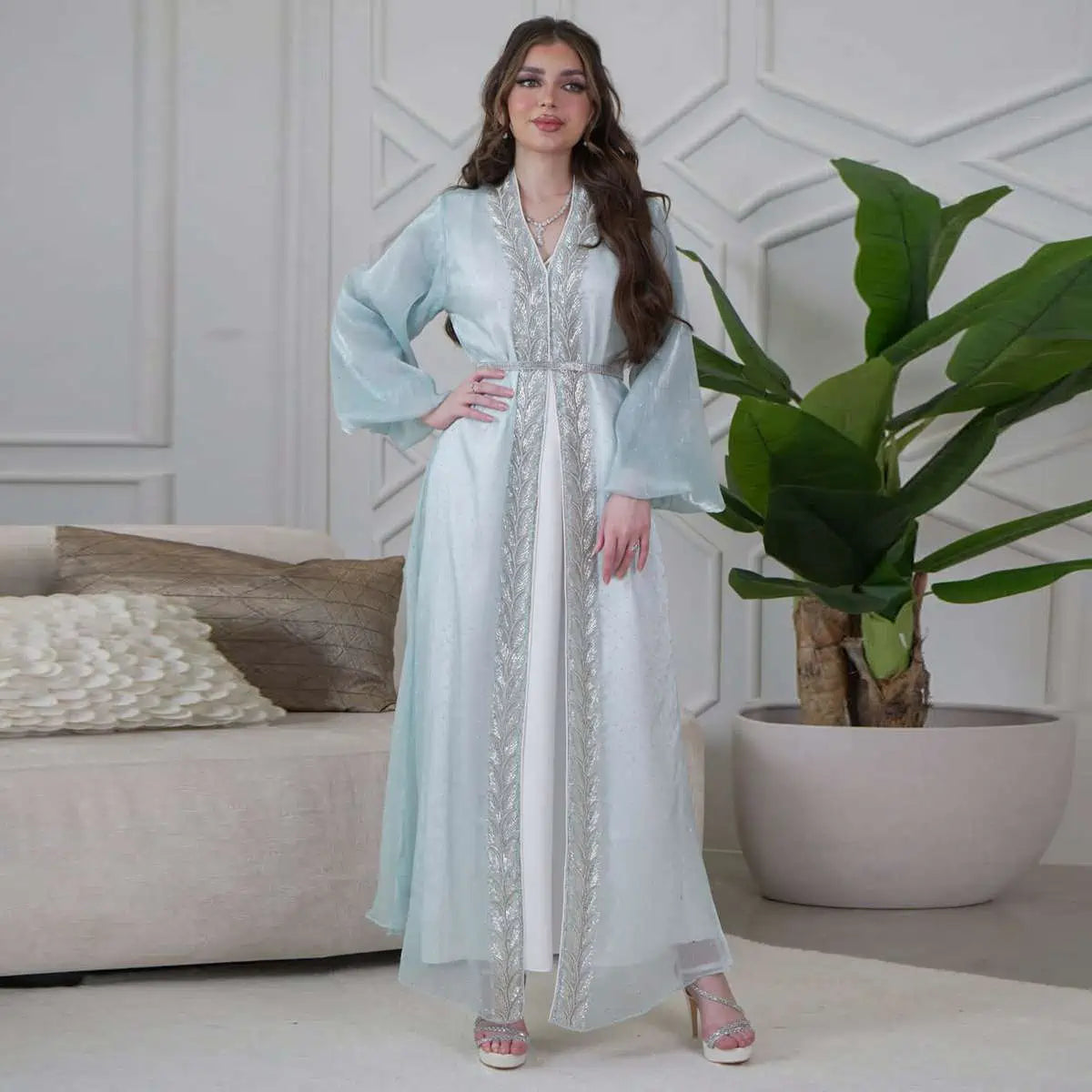 2-Piece Hotfix Rhinestone Caftan Dress Set with Inner Sleeveless Dress #25453 - Elegant Beach Cover Up, Evening Gown & Summer Party Wear for Women