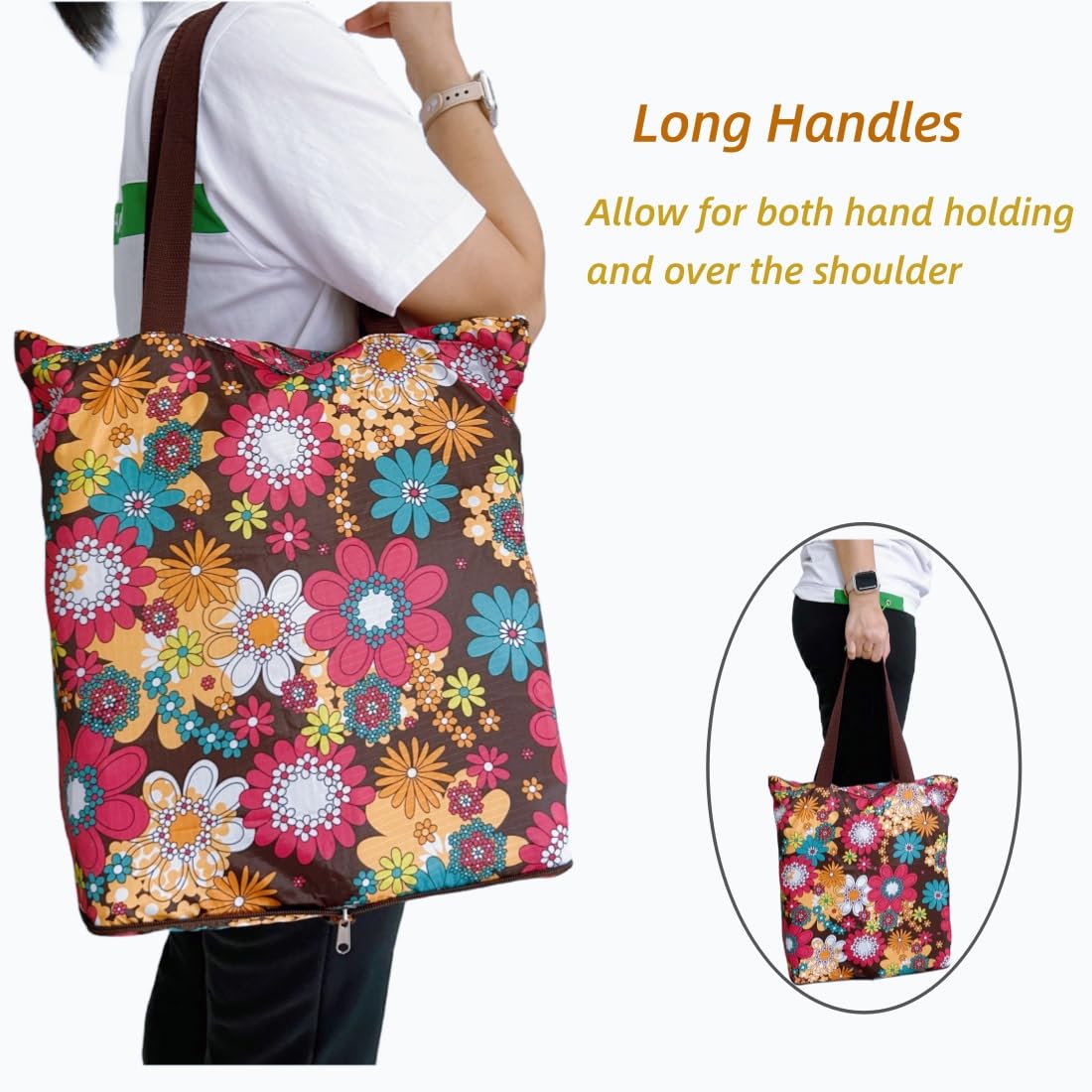 4 Pack Foldable Reusable Grocery Bags with Zipper - Floral Design Lightweight Durable Shopping Tote Bags Holds 50LBS - Perfect for Grocery Shopping, Farmers Market, Picnics & Travel