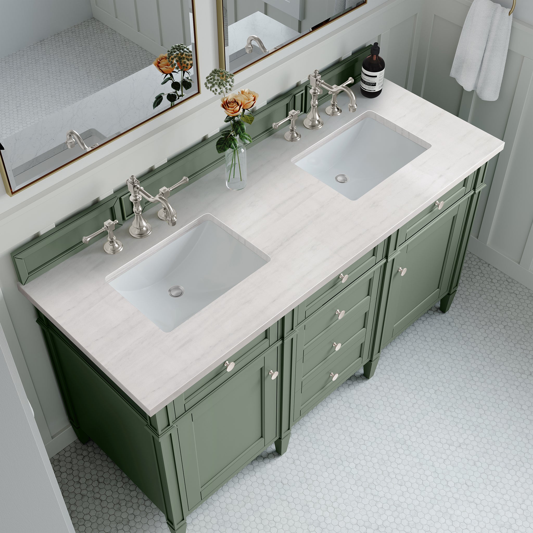 Brittany 60-Inch Double Bathroom Vanity in Smokey Celadon with 3CM Arctic Fall Quartz Countertop - Perfect for Master Bathroom & Guest Suite Renovations