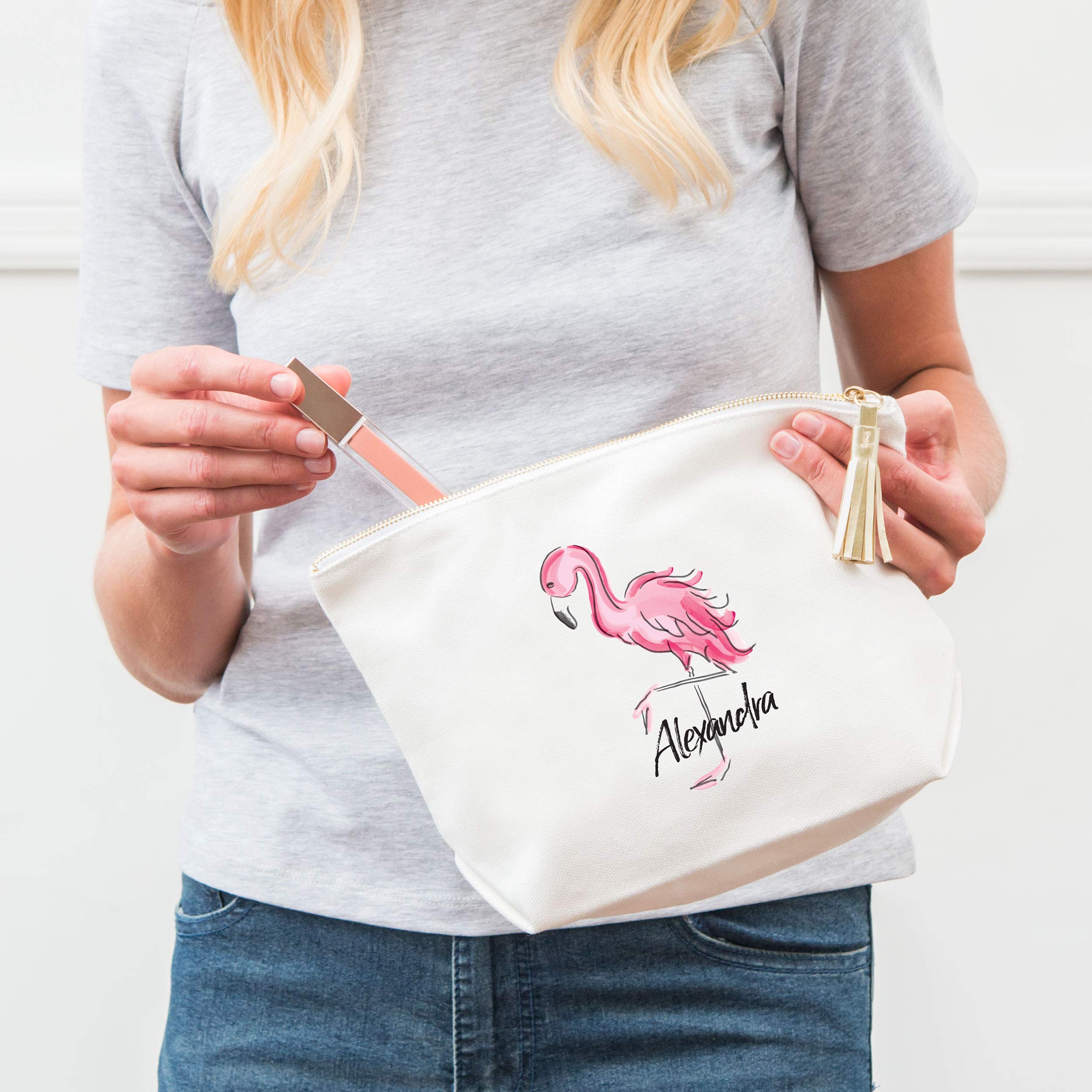 WEDDINGSTAR Large Personalized Canvas Makeup Bag - Flamingo White | Customizable Cosmetic Pouch for Bridal Shower, Travel & Bachelorette Party Gifts
