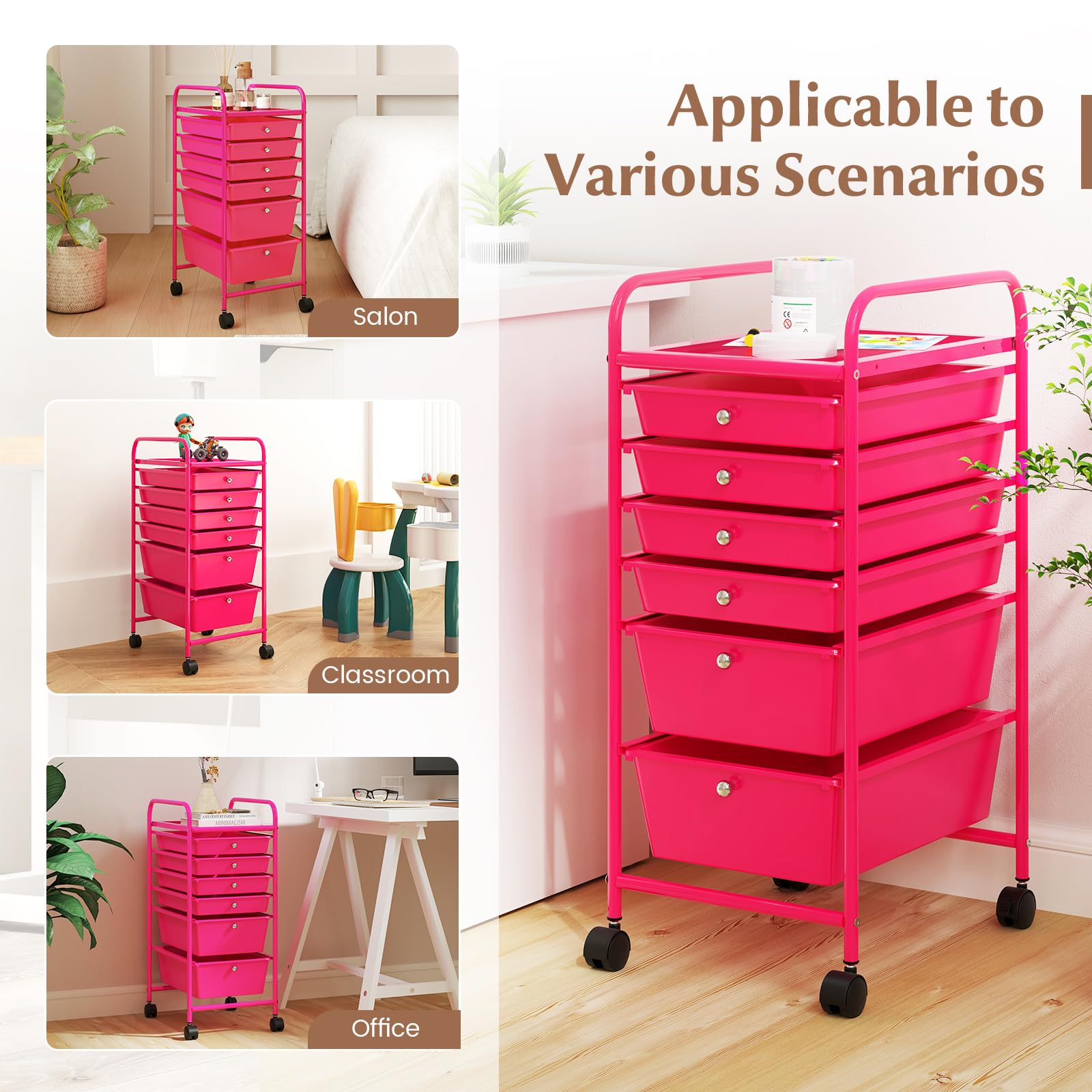 RELAX4LIFE 6-Drawer Rolling Storage Cart with Removable Plastic Bins - Mobile Organizer for Classroom, Home Office & Craft Supplies | Portable Utility Cart for School, Art Projects & Office Organization (Pink)