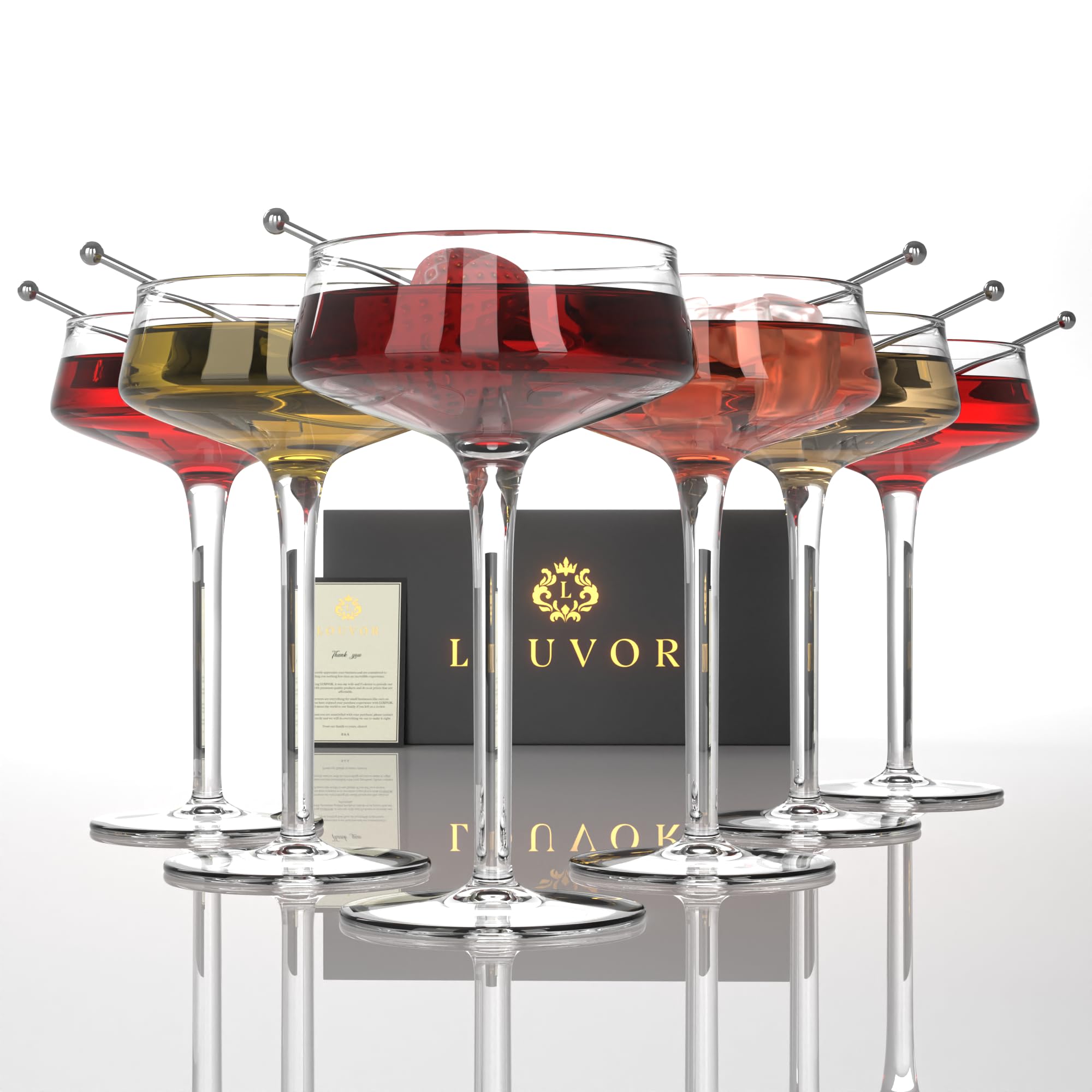 Elegant 8oz Hand Blown Crystal Champagne Coupe Glasses Set of 6 with 6 Stainless Steel Cocktail Picks - Vintage Martini Glasses for Champagne, Cocktails & Parties - Perfect for Weddings, Anniversaries & Home Entertaining