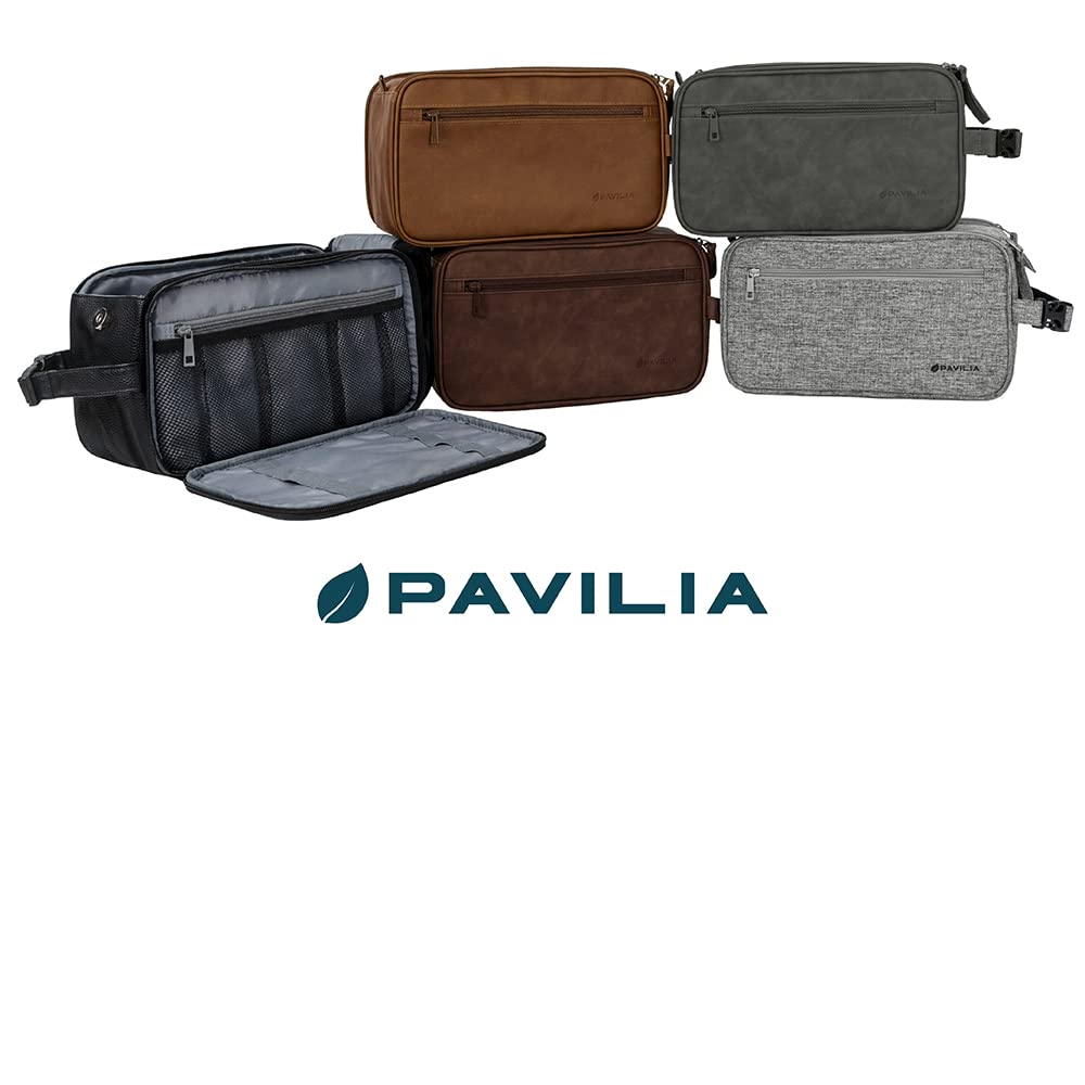 PAVILIA Men's Travel Toiletry Bag - XL PU Leather Water-Resistant Dopp Kit for Shaving & Grooming Essentials | Perfect for Business Trips, Camping & Gym (Brown)