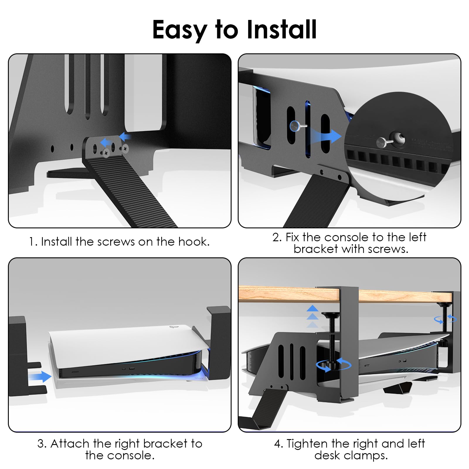 Non-Drill Under Desk Mount for PS5 & PS5 Slim - Heavy Duty Metal Gaming Console Holder with Hooks for PS5 Disc/Digital Edition - Perfect for Home Office, Gaming Room & Space-Saving Setup