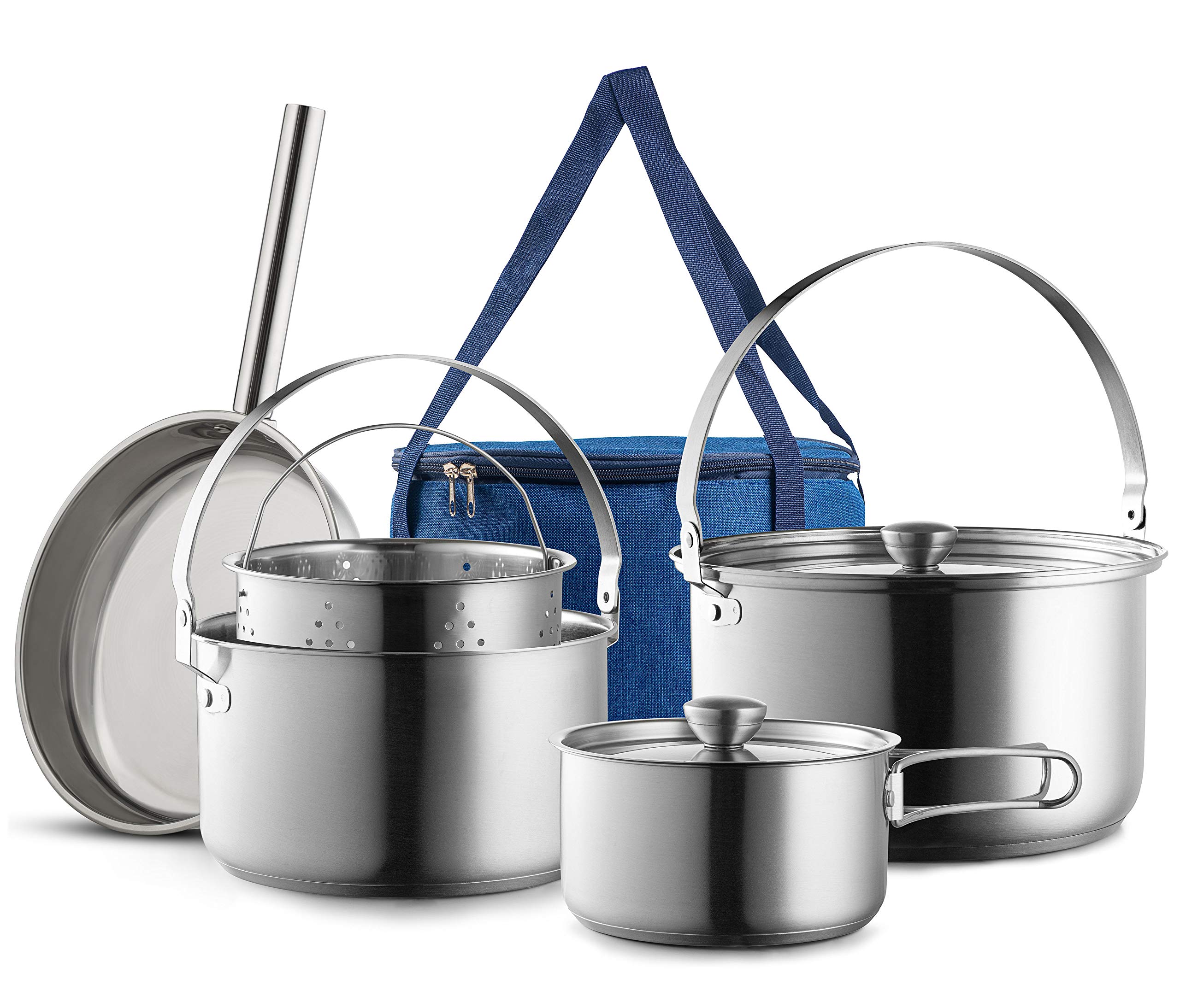 Premium 8-Piece Camping Cookware Set - 304 Stainless Steel Pots & Pans for Open Fire Cooking | Compact Outdoor Cooking Kit with Frying Pan, Steamer & Travel Tote Bag | Perfect for Camping, Hiking, RV Trips & Family Outdoor Adventures