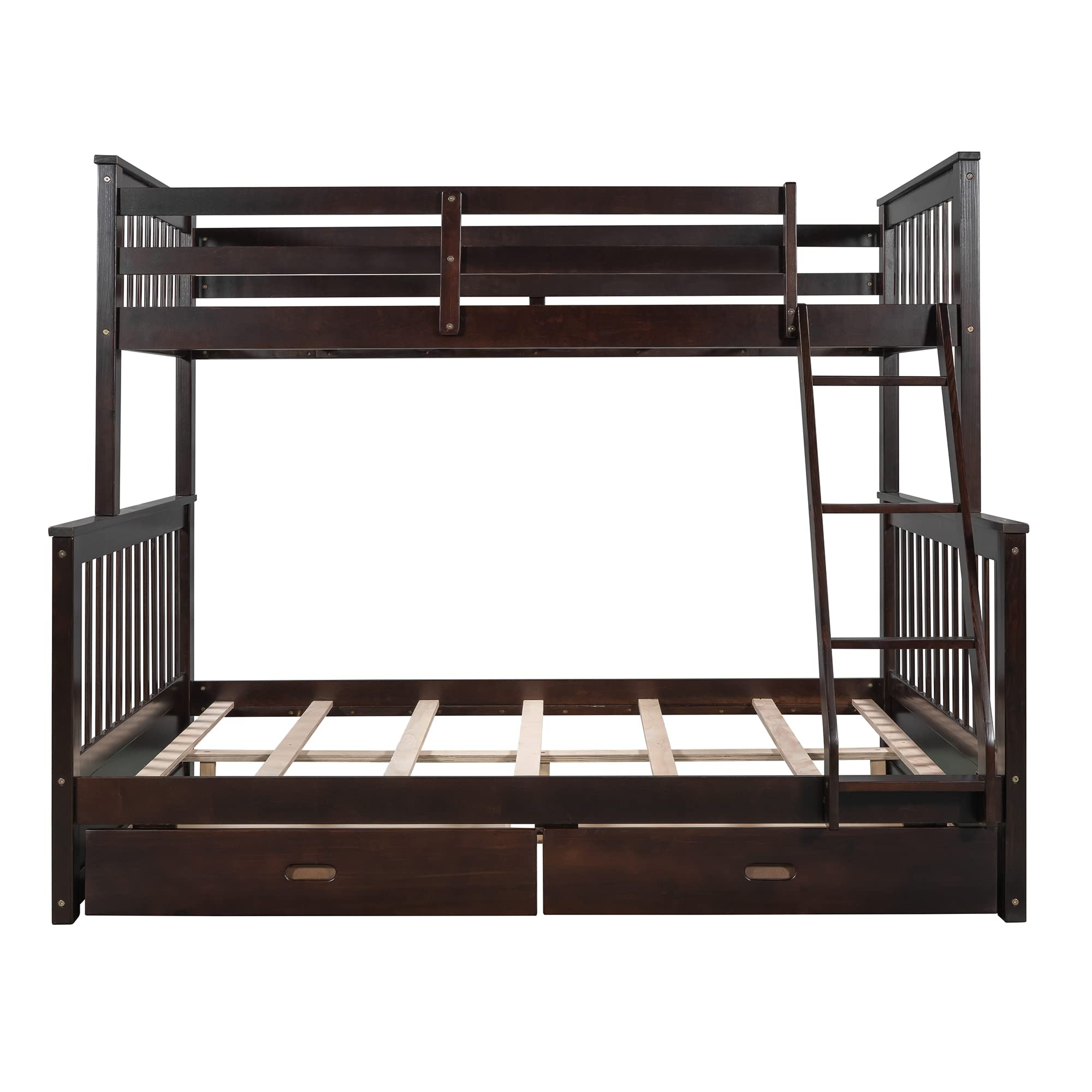 Solid Wood Twin Over Full Bunk Bed with Storage Drawers & Guardrails - Sturdy Bunk Bed Frame for Kids, Teens & Adults - No Box Spring Needed - Espresso Finish - Perfect for Small Bedrooms, Guest Rooms & Vacation Homes
