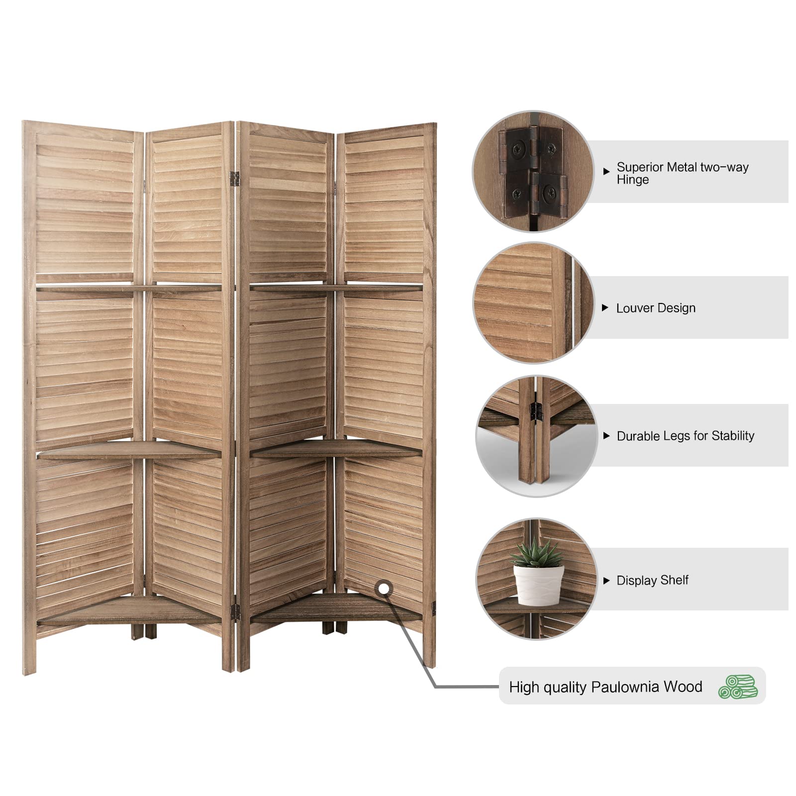ECOMEX 4 Panel Folding Room Divider with 3 Removable Shelves - 5.6Ft Tall Privacy Screen Partition for Living Room, Bedroom & Office - Retro Brown Storage Organizer for Home Decor & Space Division