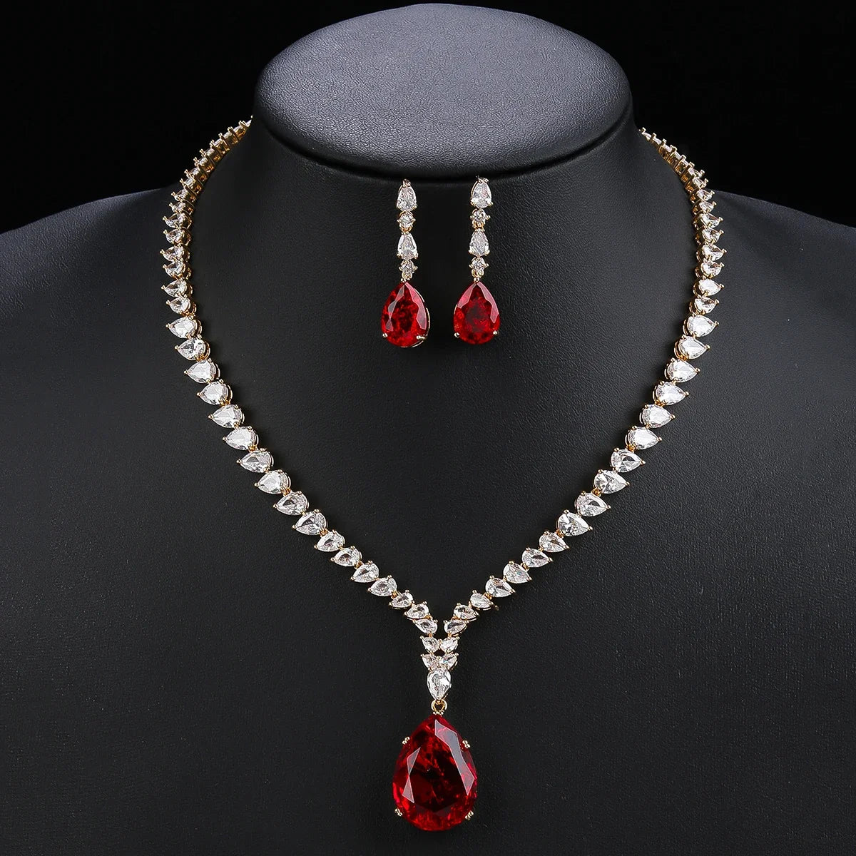 Elegant CZ Water Drop Cubic Zirconia Pendant Necklace & Earrings Set - Bridal Wedding Jewelry for Women - Perfect Gift for Anniversary, Engagement & Special Occasions (CN10536)