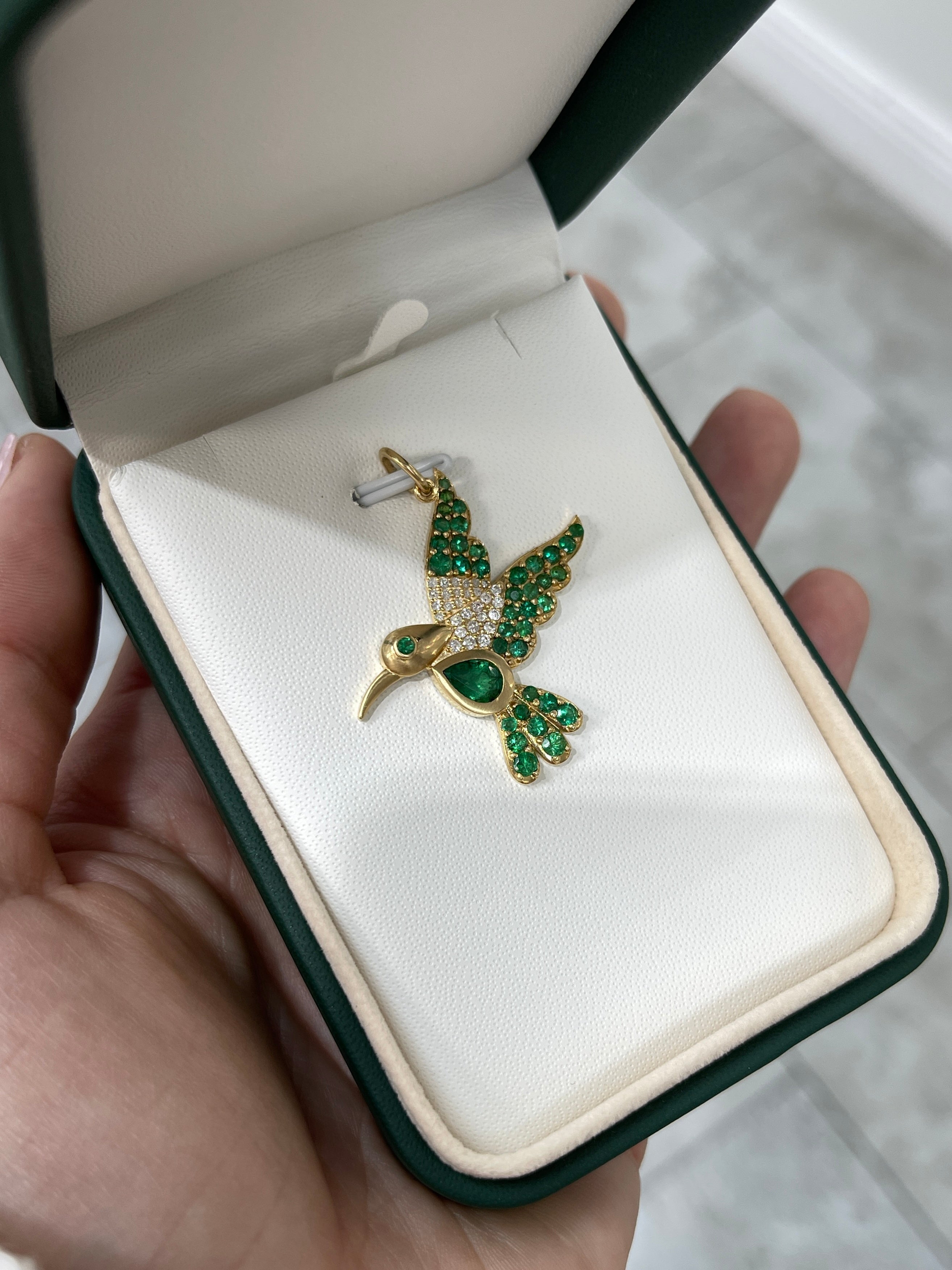 2.16tcw Natural Emerald & Diamond Hummingbird Pendant in 14K Gold - Elegant Jewelry Gift for Women, Perfect for Birthdays, Anniversaries & Special Occasions