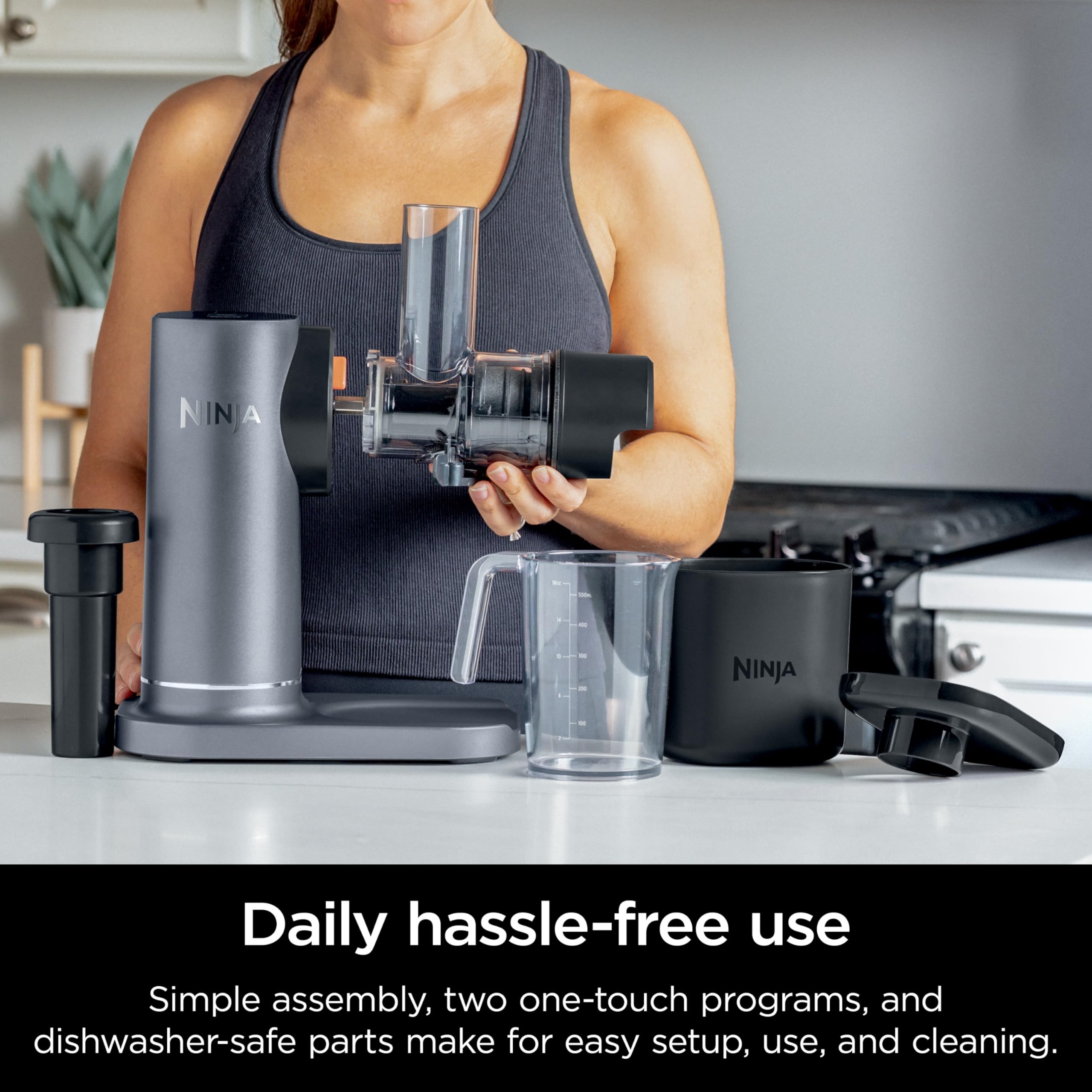 Ninja JC150 NeverClog Cold Press Juicer - Powerful Slow Masticating Juicer with Adjustable Pulp Control, Quiet Countertop Electric Juicer, 2 Pulp Settings, Dishwasher Safe, 2nd Gen (Renewed Silver) - Perfect for Healthy Juicing, Detox Drinks & Family Breakfasts
