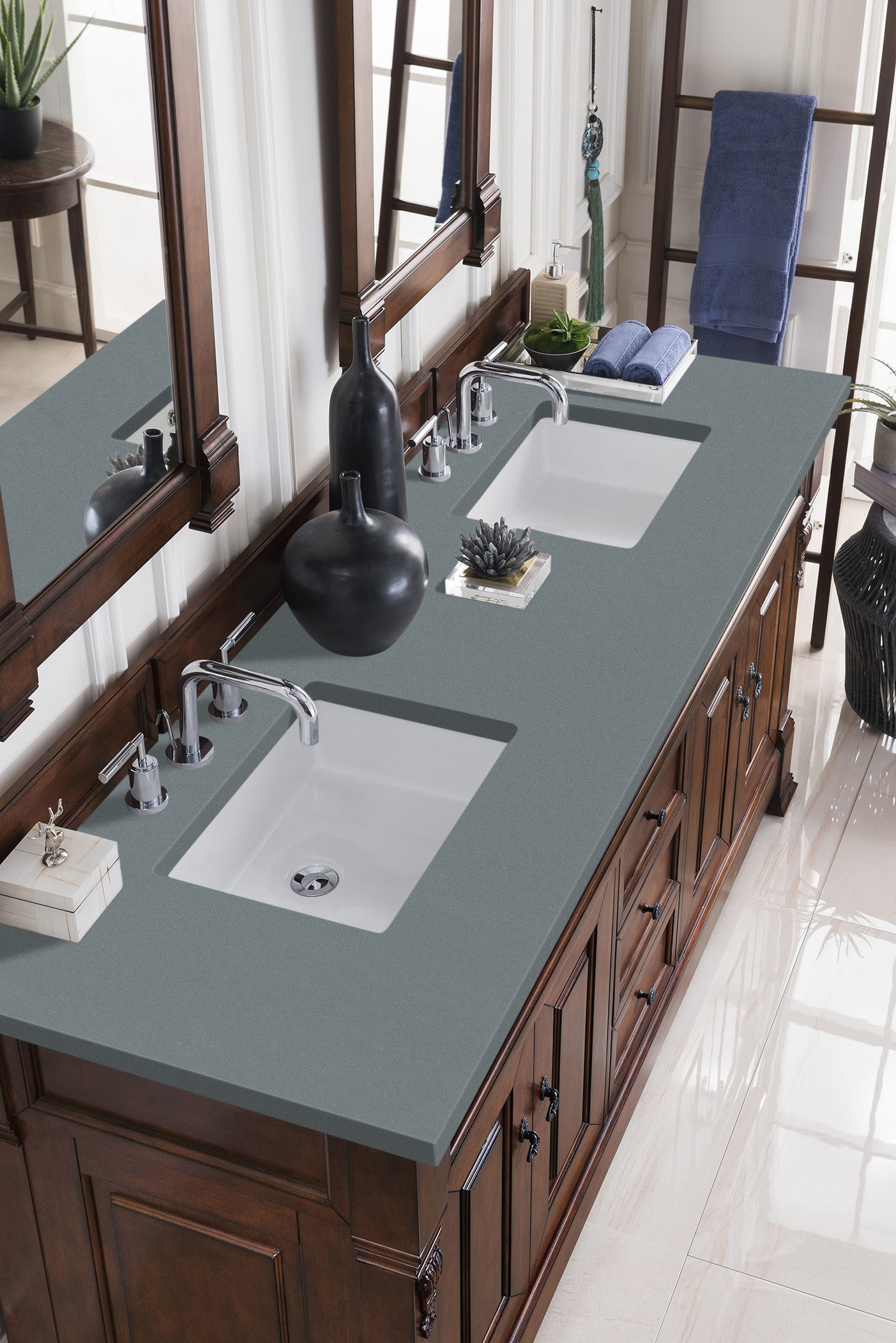 Brookfield 72 Inch Double Vanity with Warm Cherry Finish and 3CM Cala Blue Quartz Countertop - Perfect for Master Bathroom Renovation and Luxury Home Upgrade